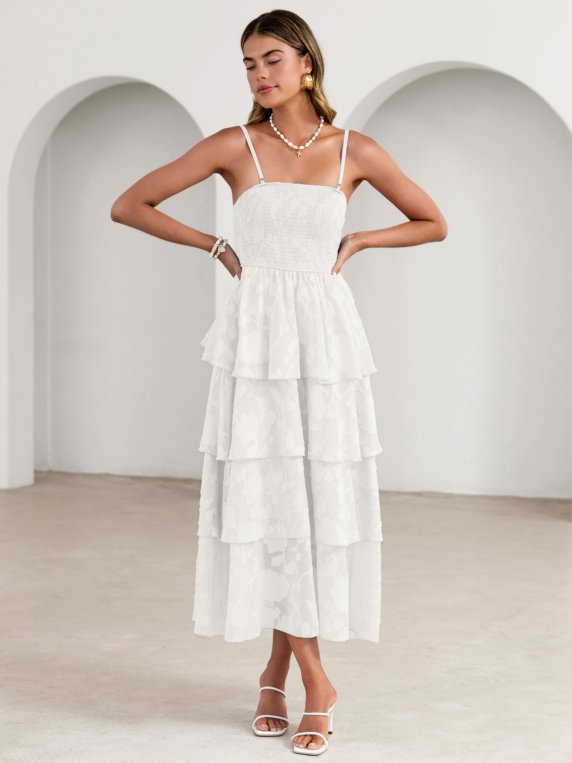 Floral Strapless Smocked Tiered Maxi Dress - White