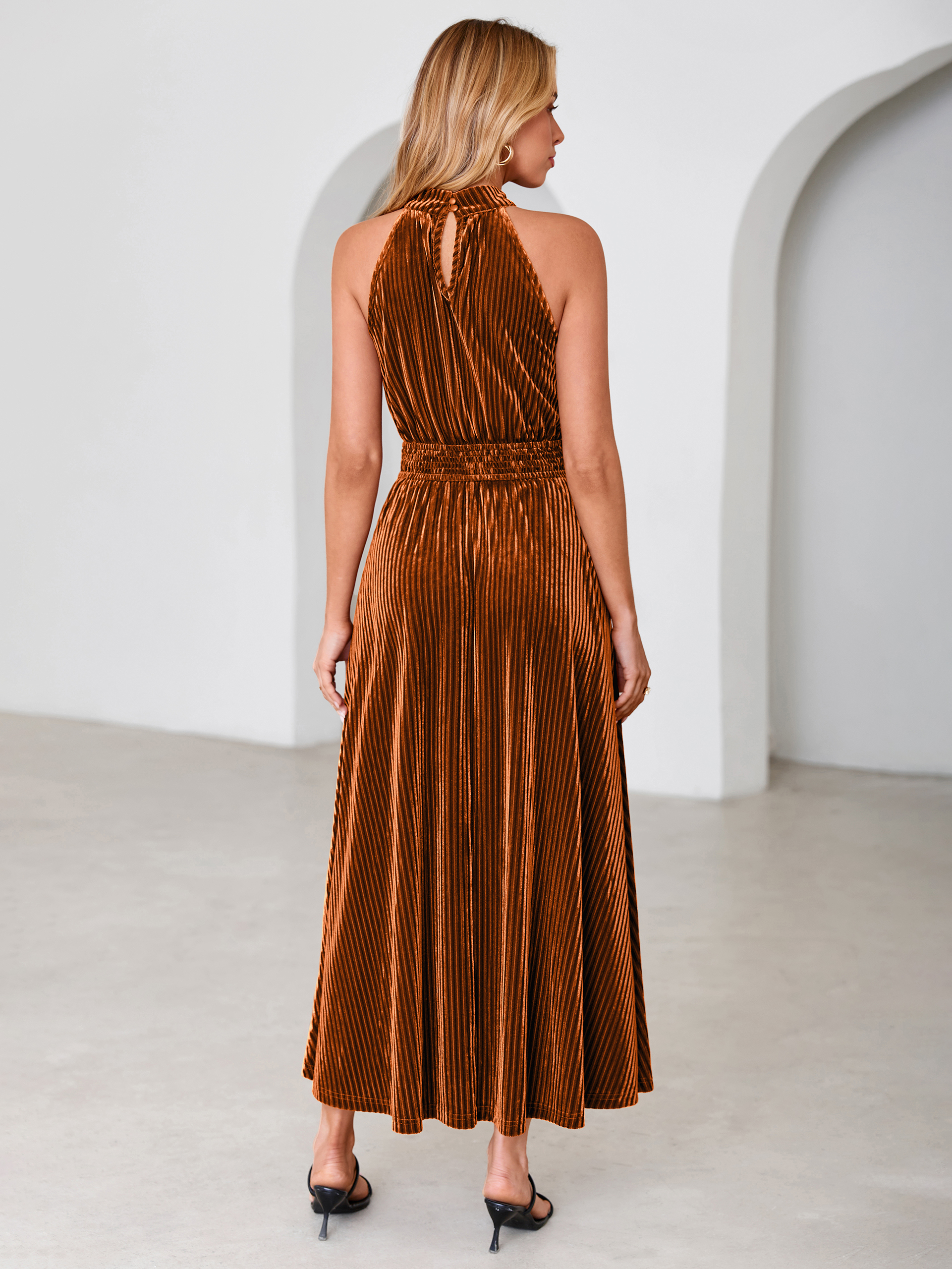 Ribbed Velvet Halter Smocked Maxi Dress