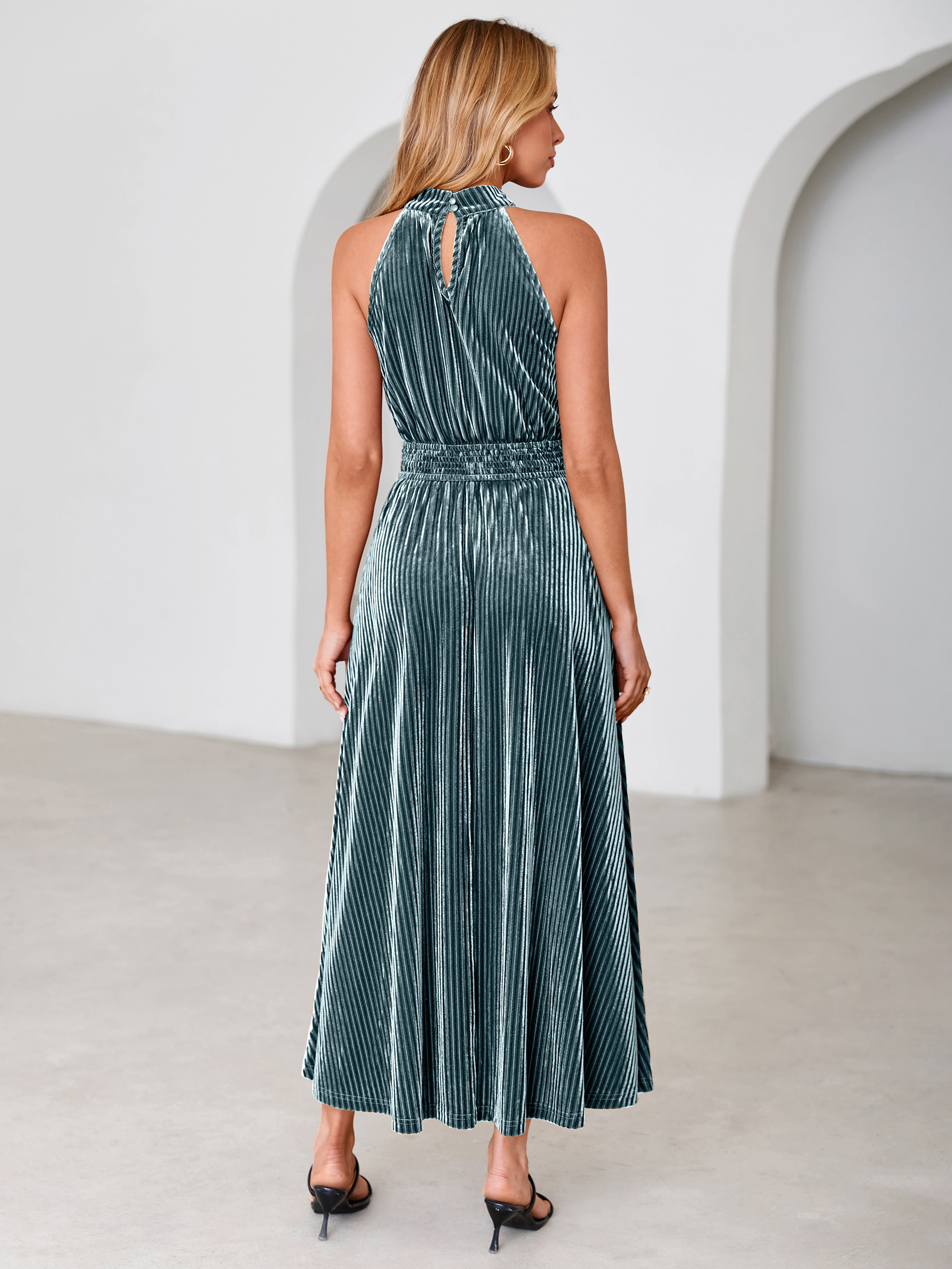 Ribbed Velvet Halter Smocked Maxi Dress