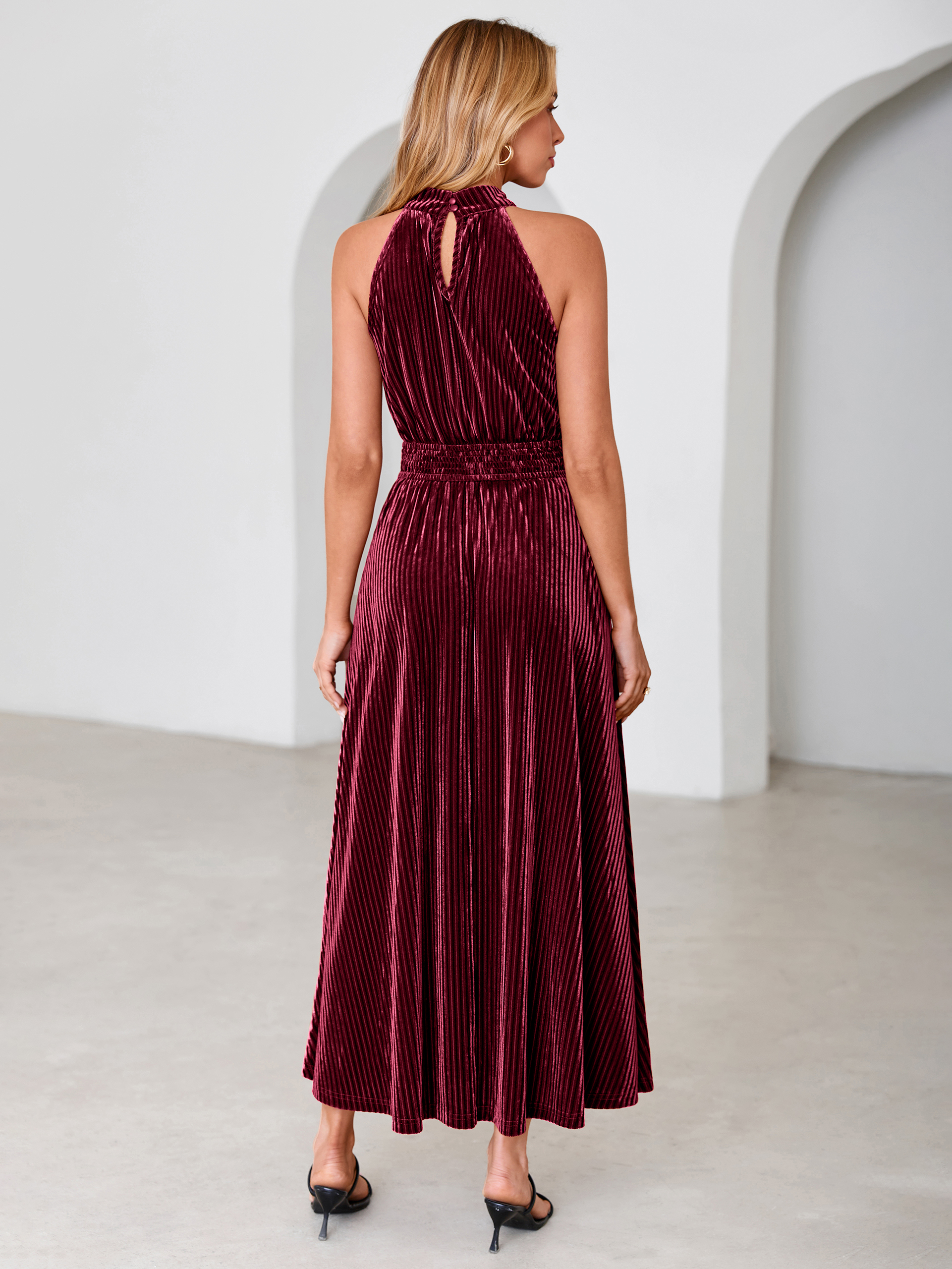 Ribbed Velvet Halter Smocked Maxi Dress