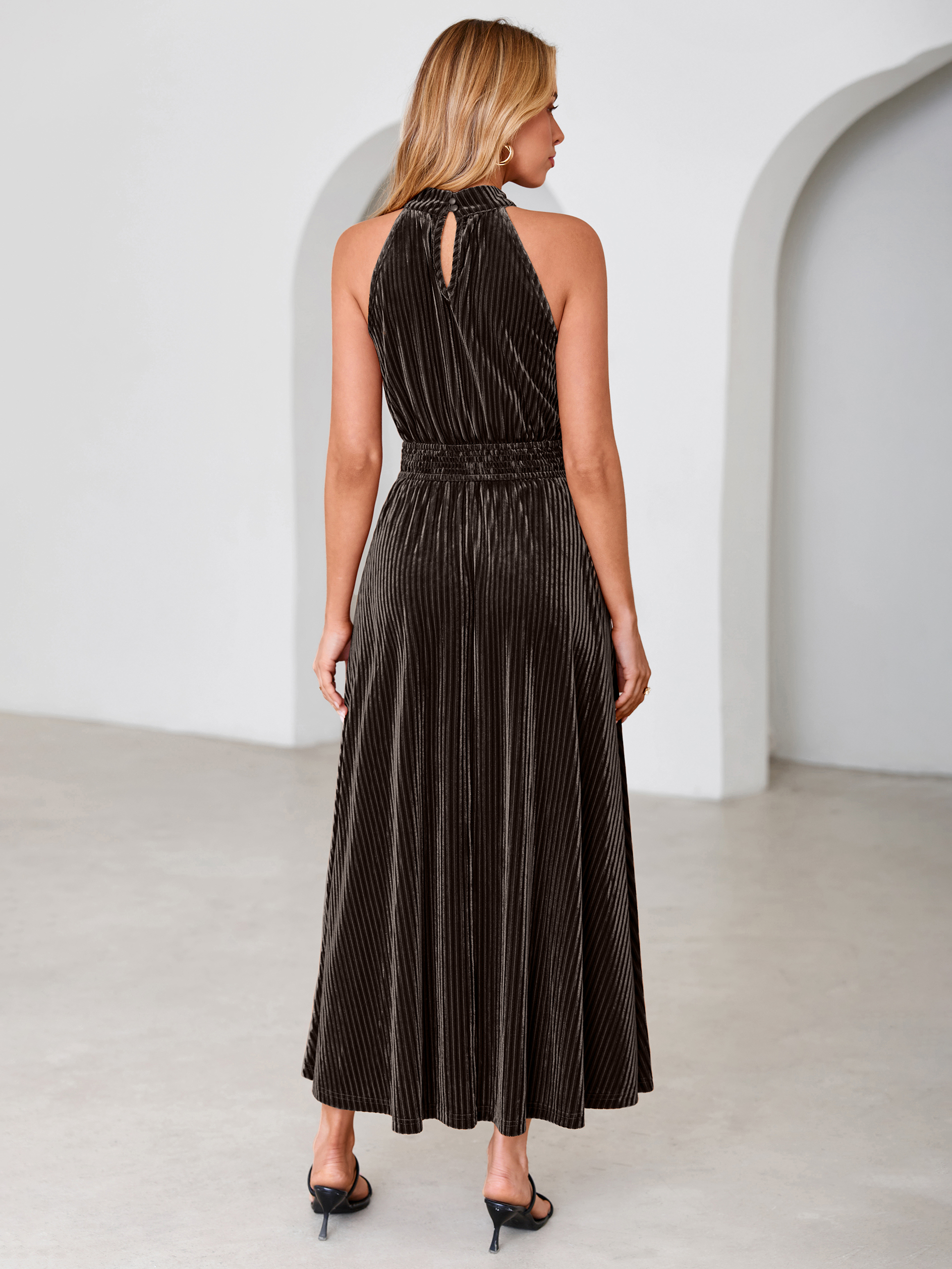 Ribbed Velvet Halter Smocked Maxi Dress
