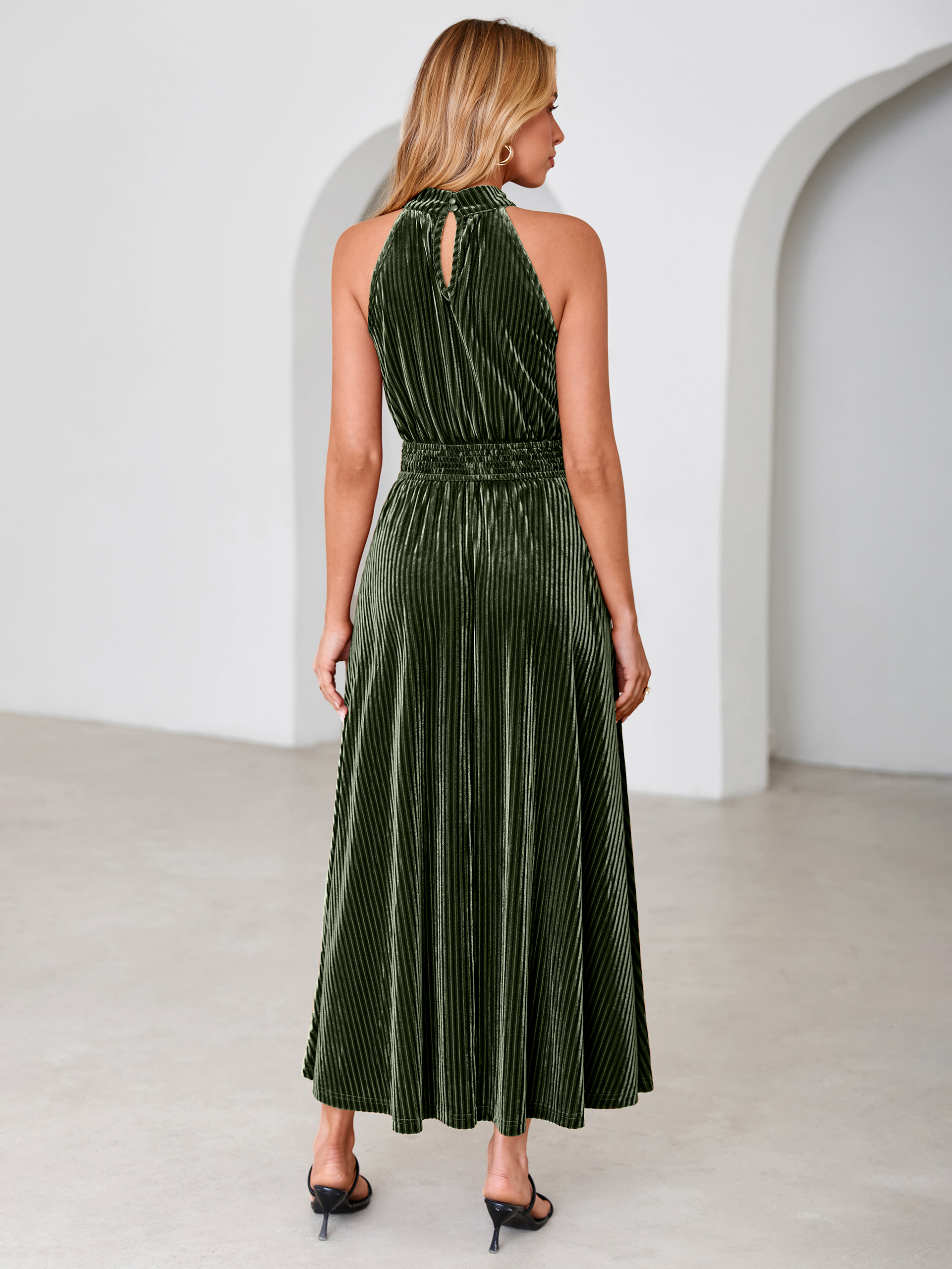 Ribbed Velvet Halter Smocked Maxi Dress