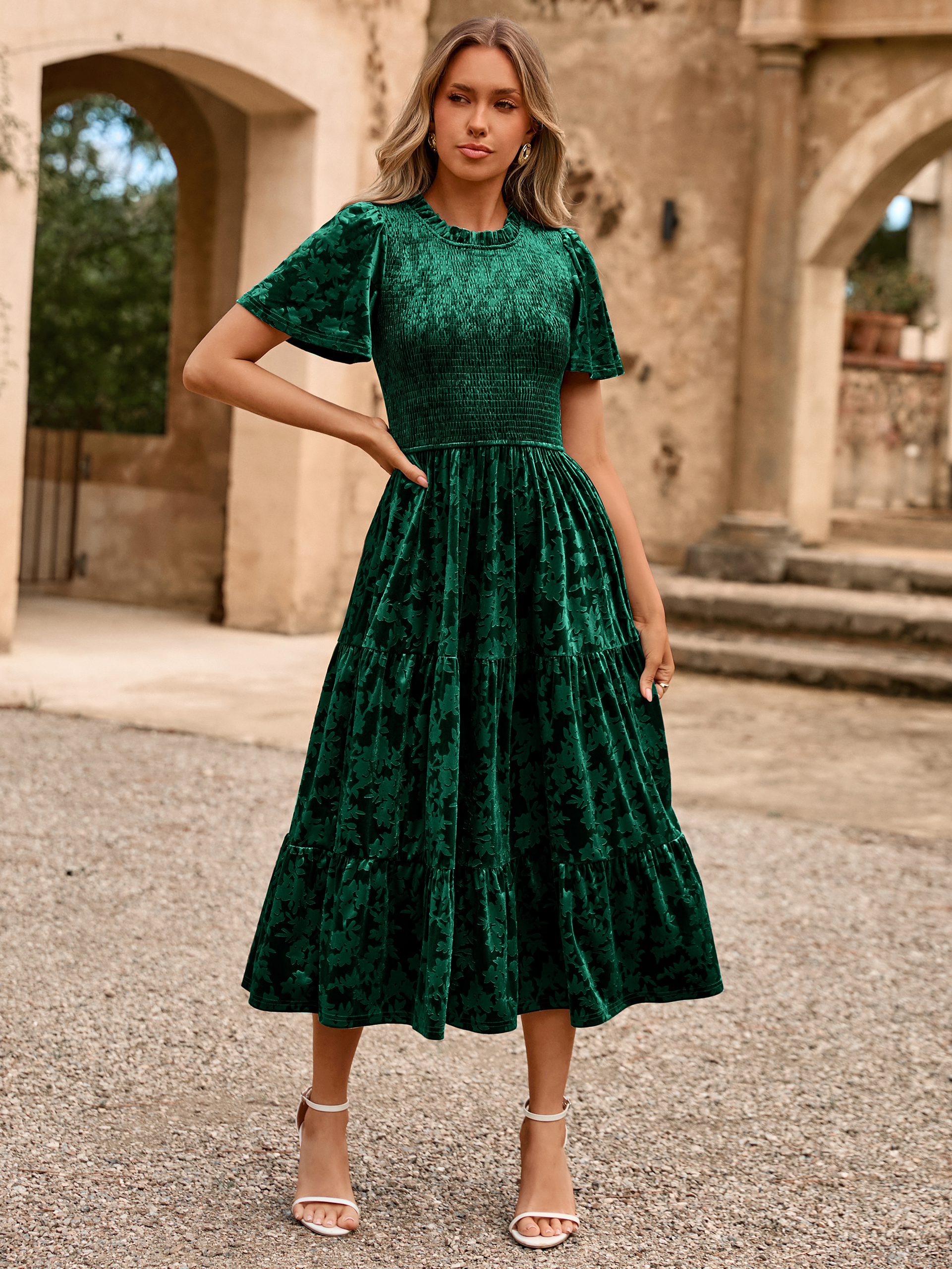 Ruffle Neck Smocked Velvet Floral Maxi Dress - Dark Green
