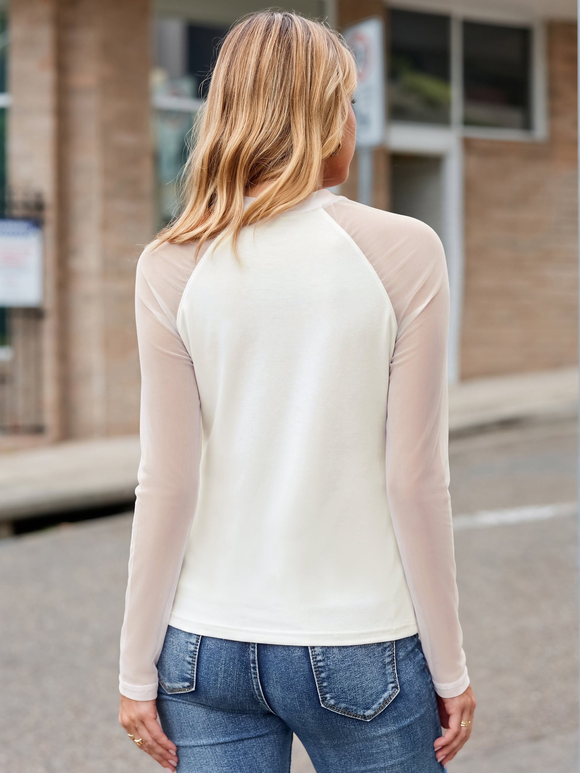 Solid Sheer Mesh Raglan Long Sleeve Layering Tee