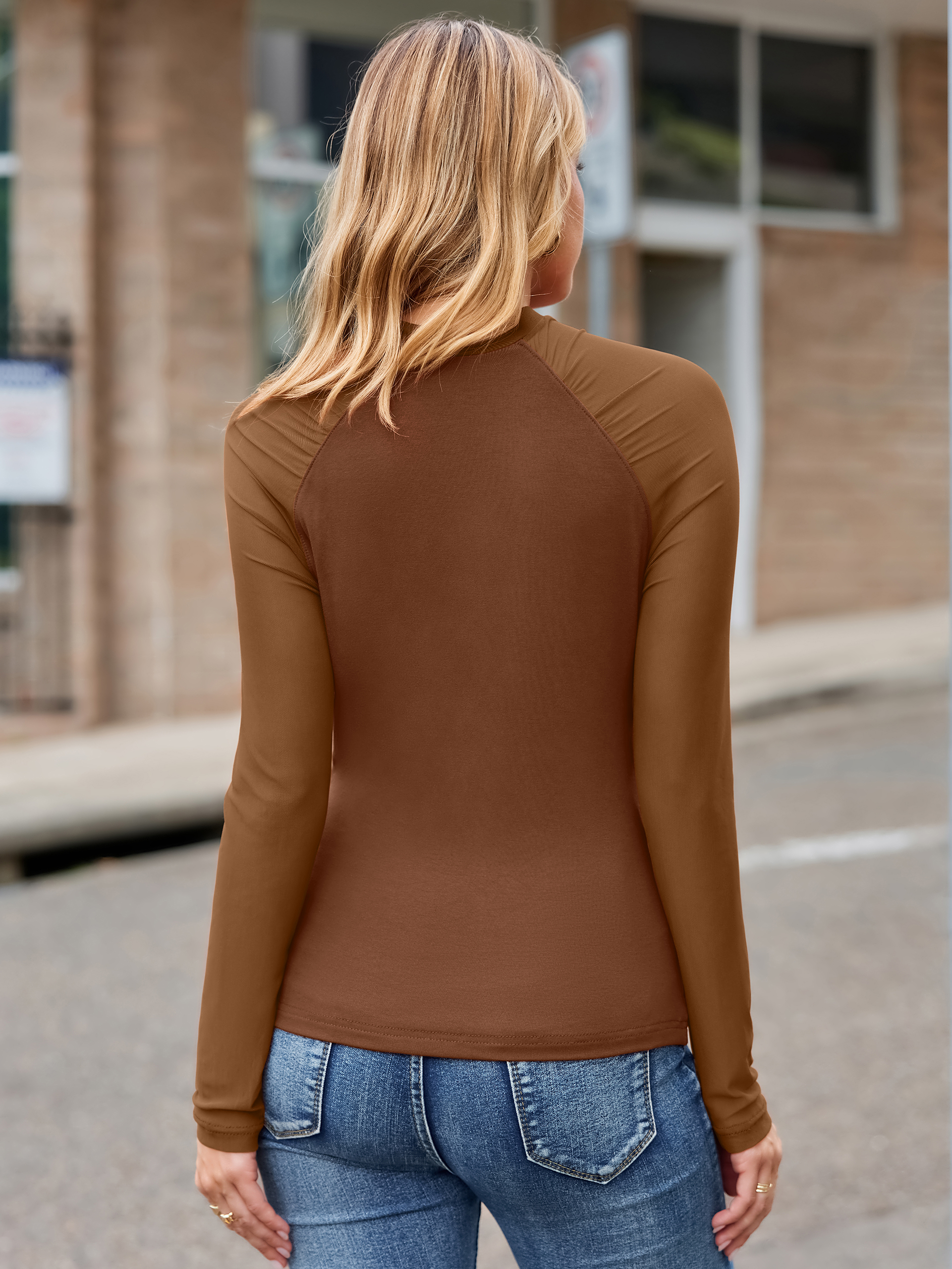 Solid Sheer Mesh Raglan Long Sleeve Layering Tee