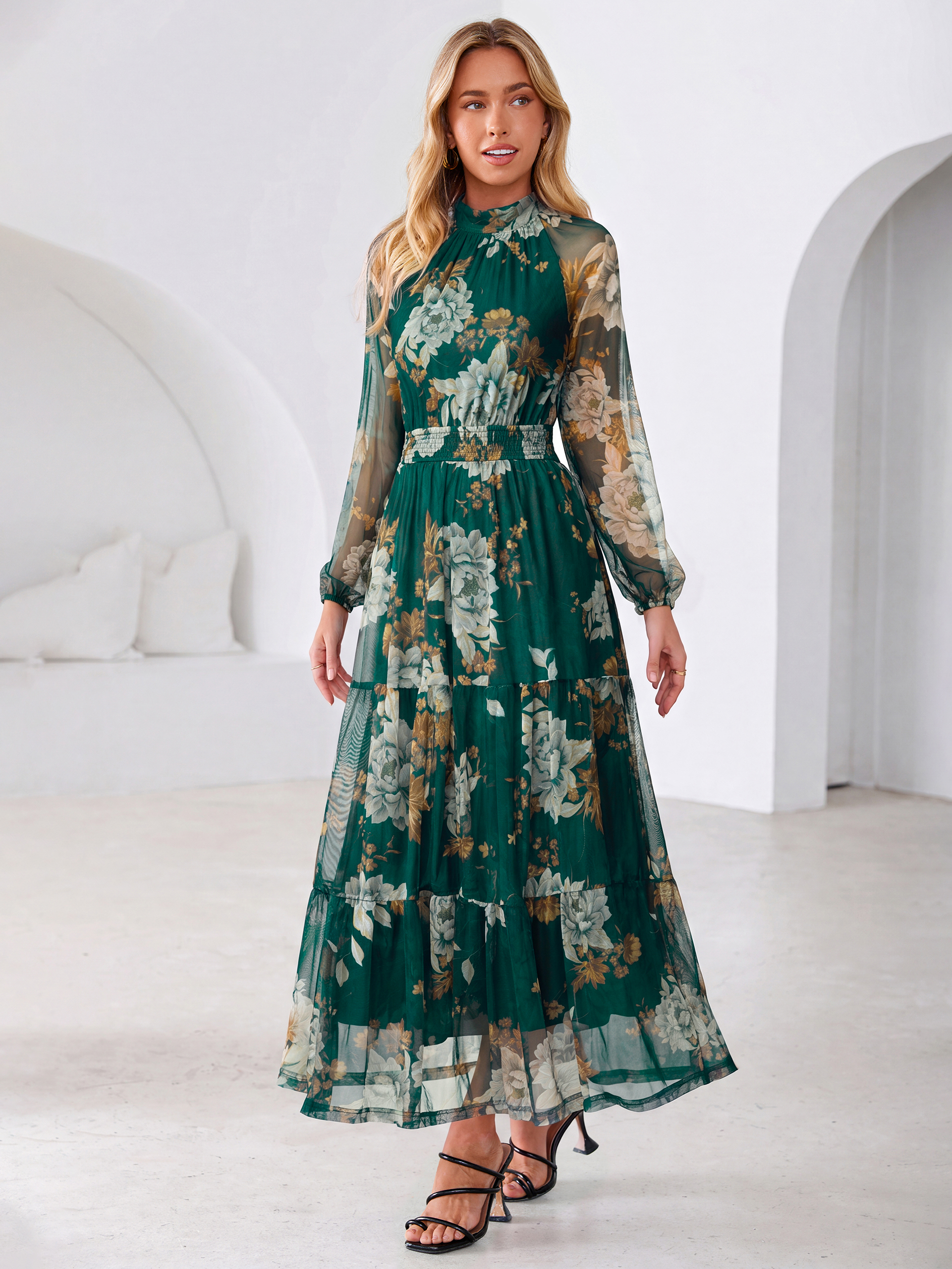 Fall Floral Flowy Tiered Long Sleeve Maxi Dress