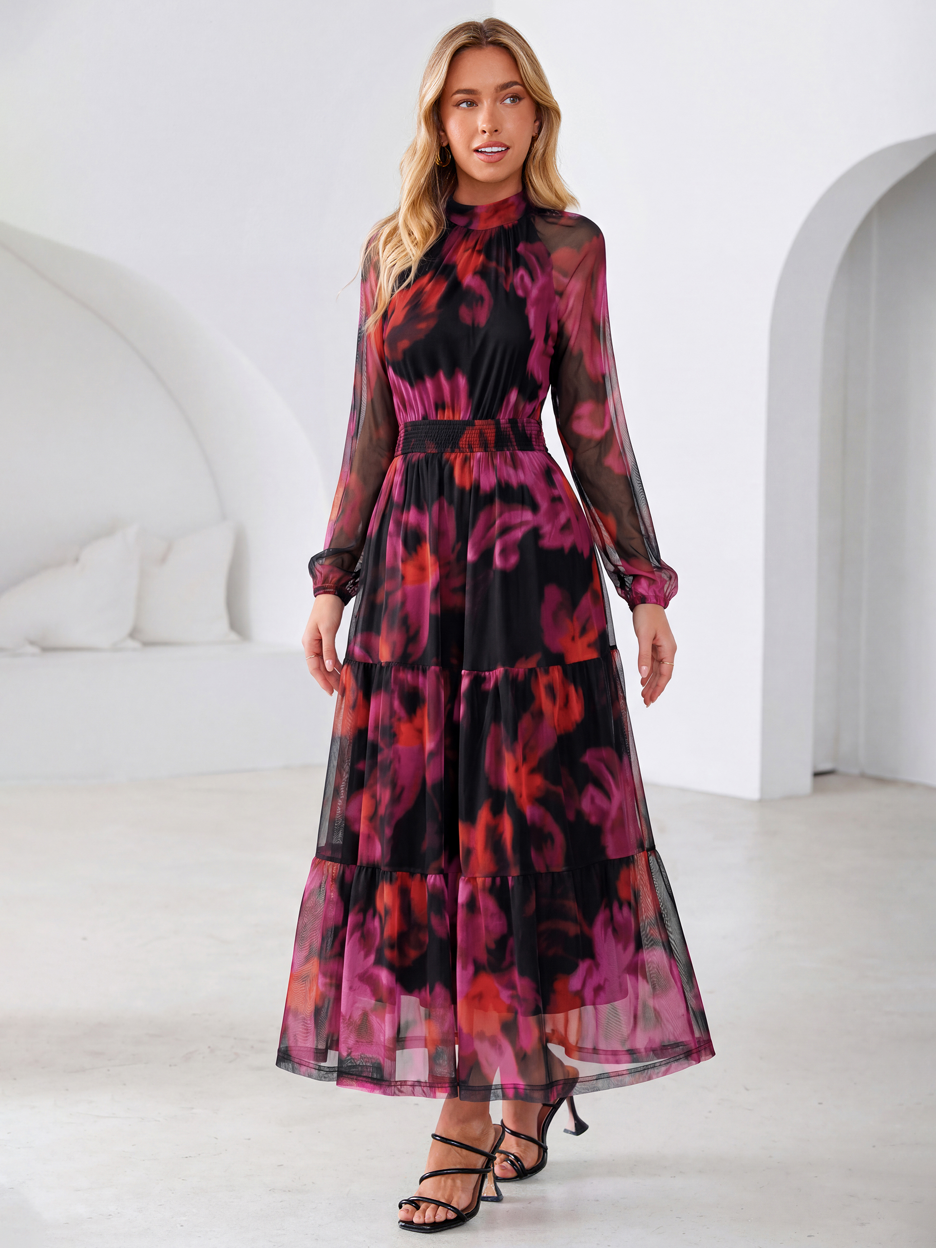 Fall Floral Flowy Tiered Long Sleeve Maxi Dress