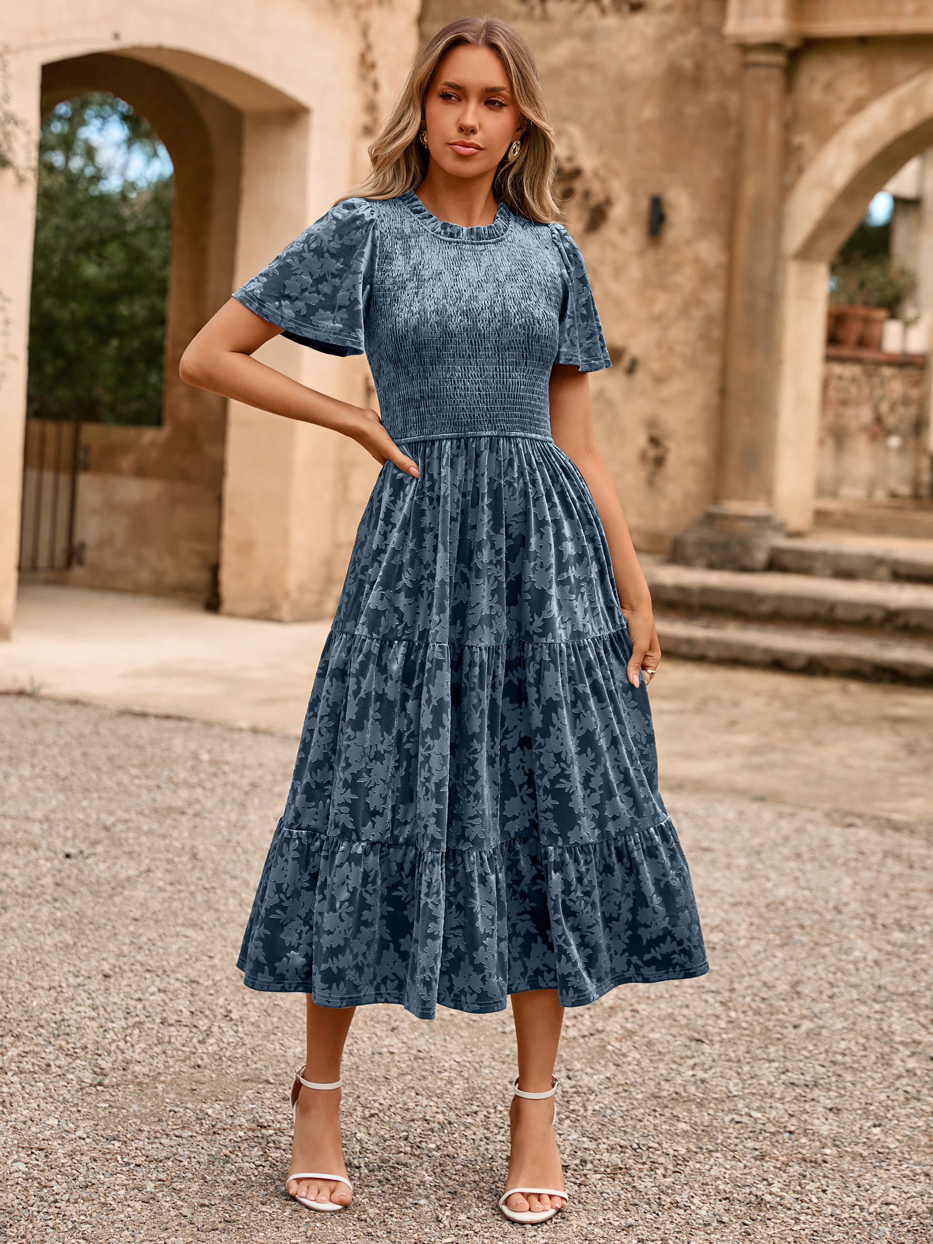 Ruffle Neck Smocked Velvet Floral Maxi Dress - Grey Blue