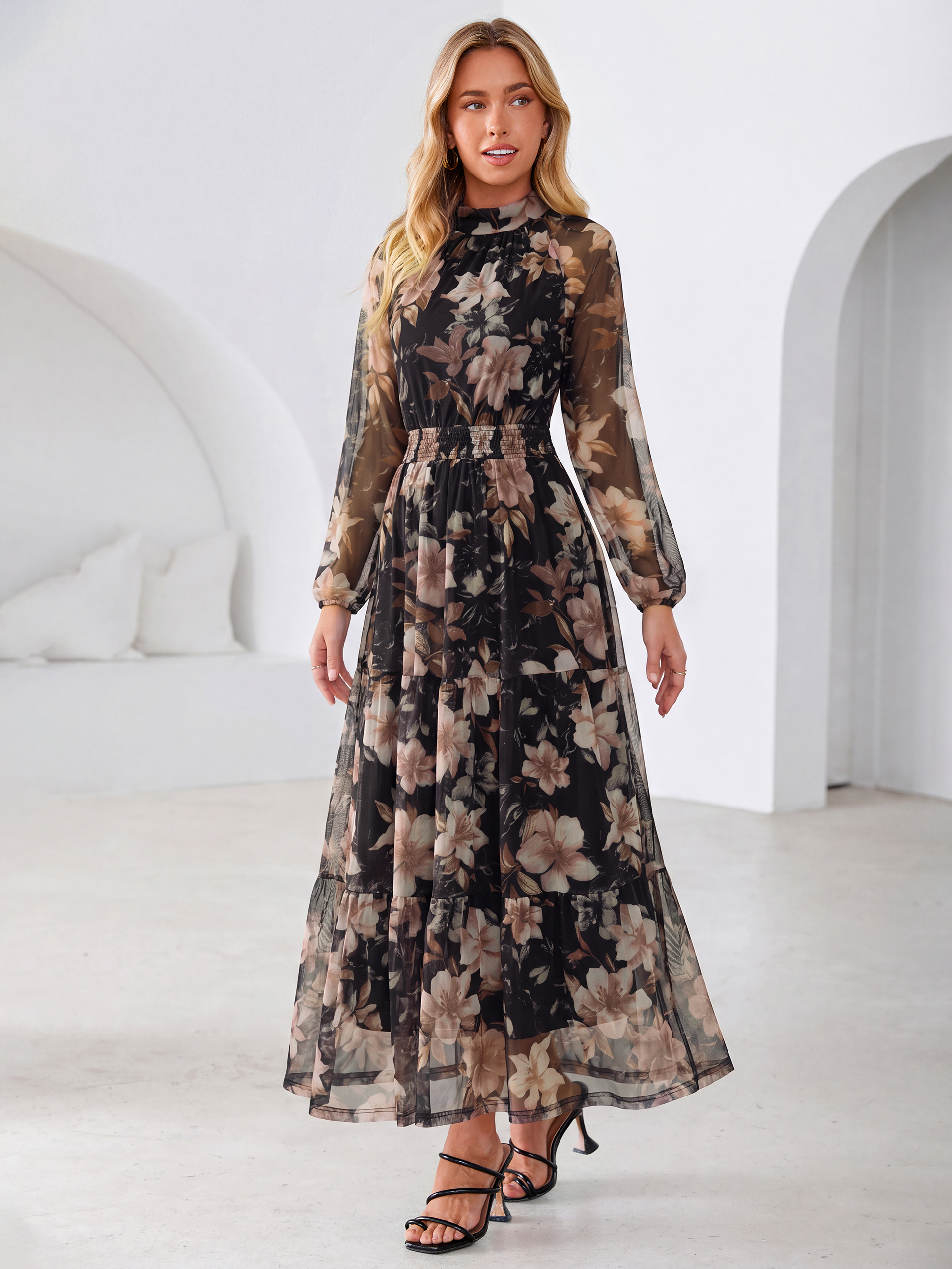 Fall Floral Flowy Tiered Long Sleeve Maxi Dress