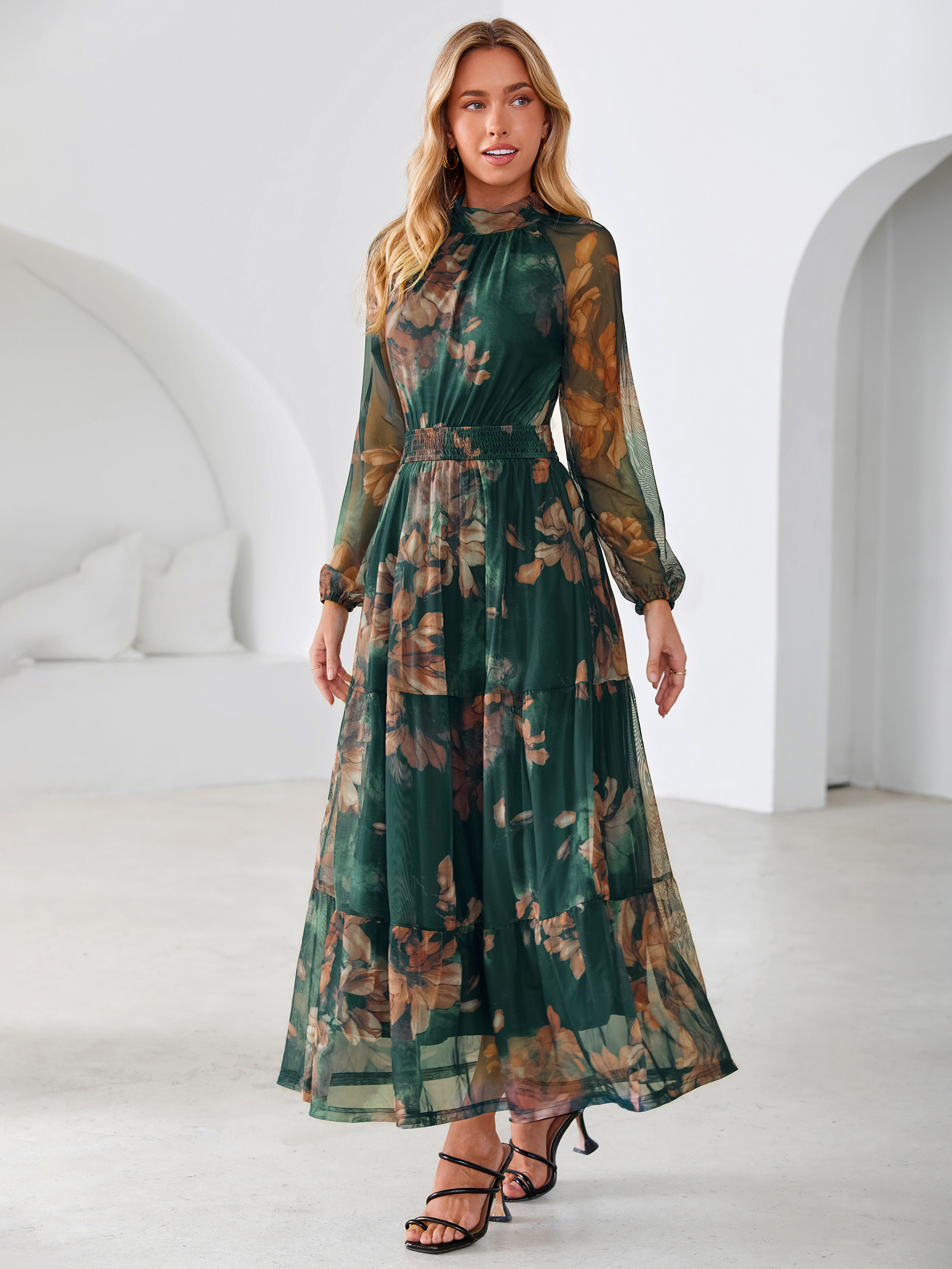Fall Floral Flowy Tiered Long Sleeve Maxi Dress
