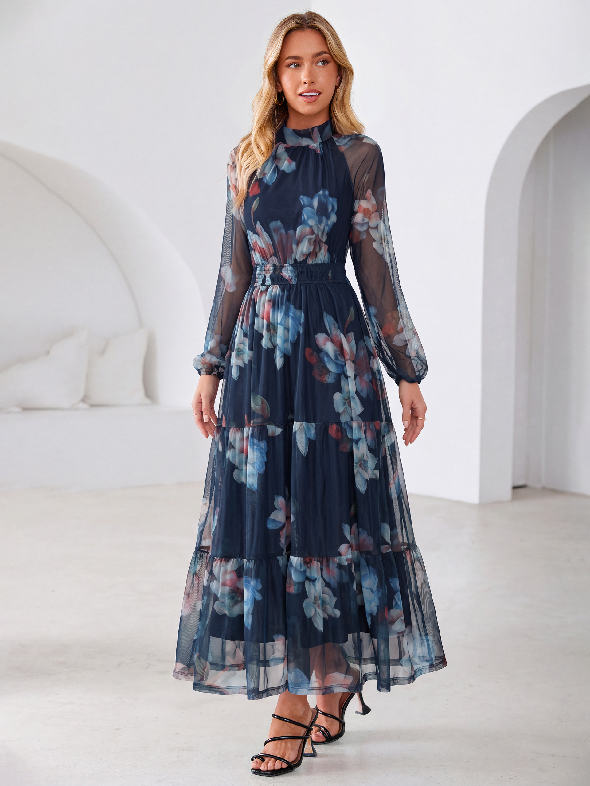 Fall Floral Flowy Tiered Long Sleeve Maxi Dress
