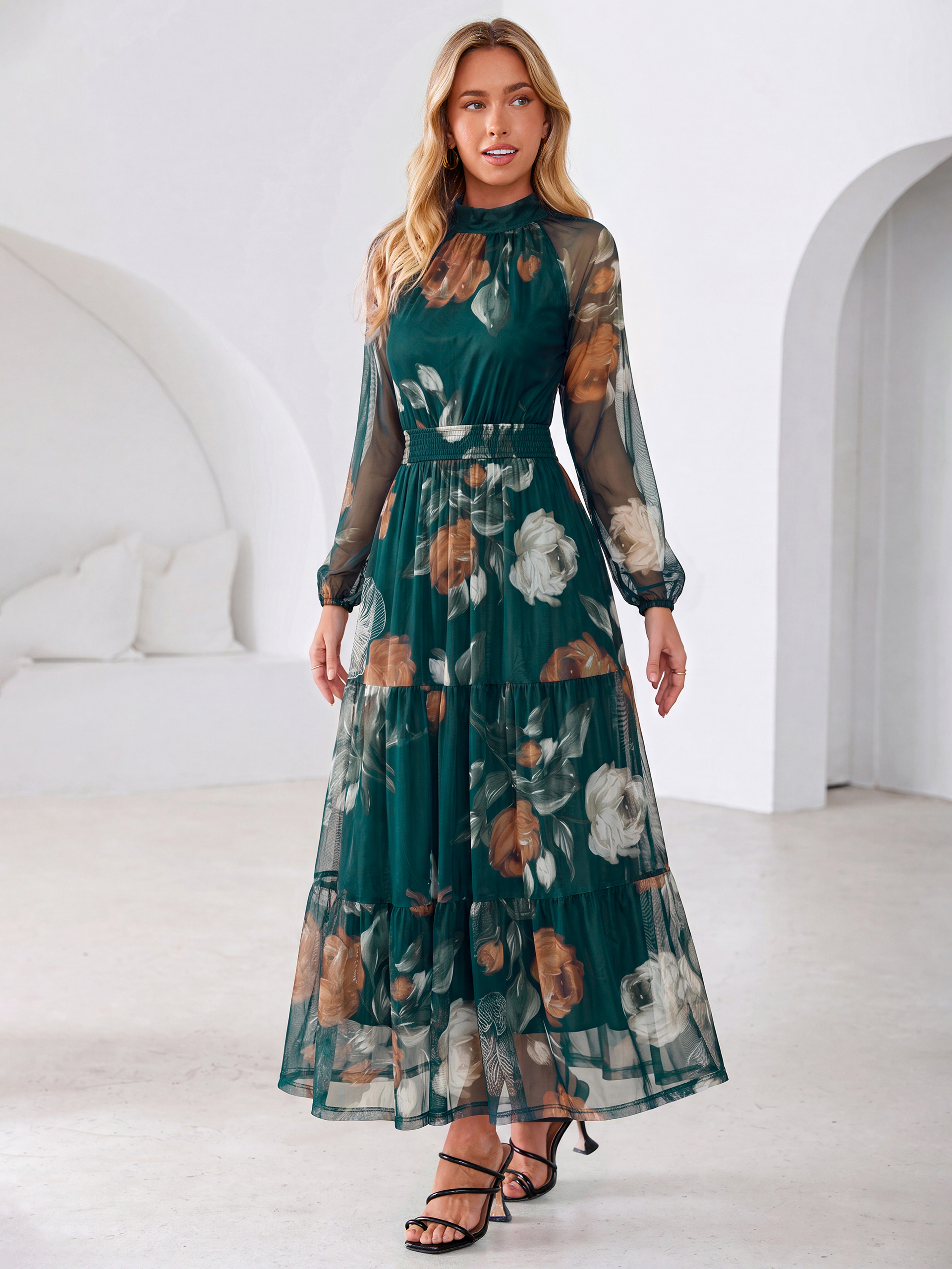 Fall Floral Flowy Tiered Long Sleeve Maxi Dress