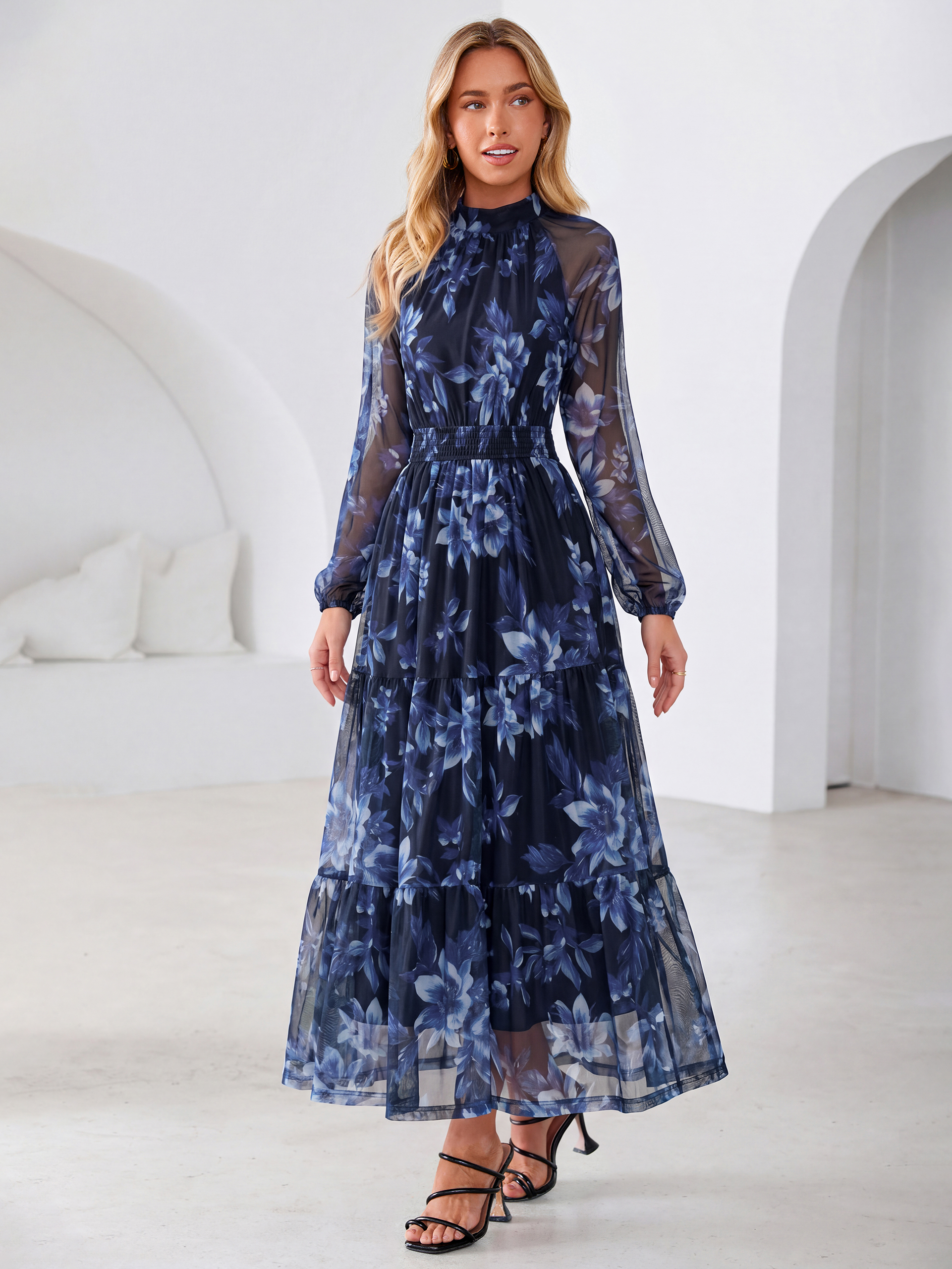 Fall Floral Flowy Tiered Long Sleeve Maxi Dress