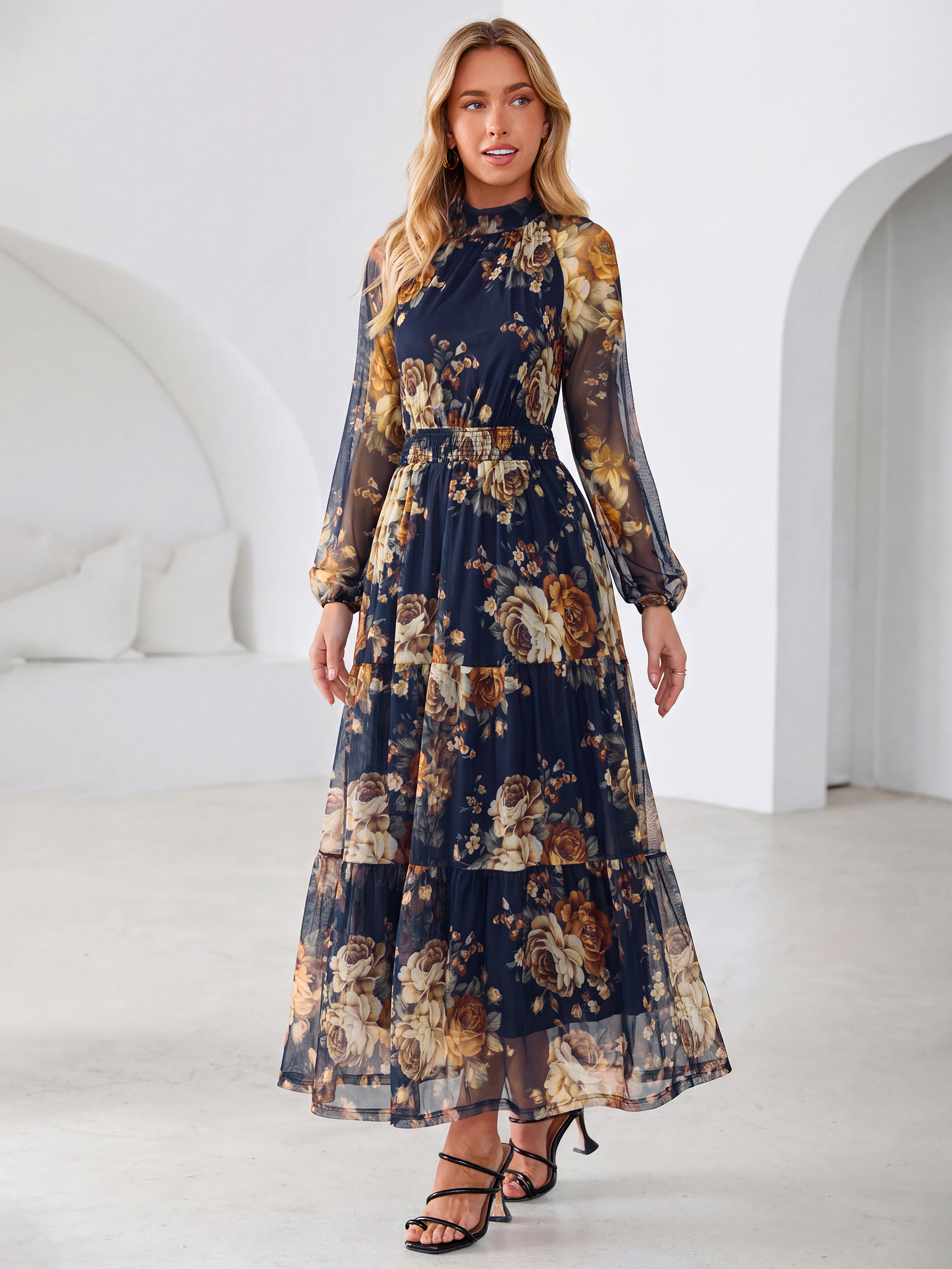 Fall Floral Flowy Tiered Long Sleeve Maxi Dress