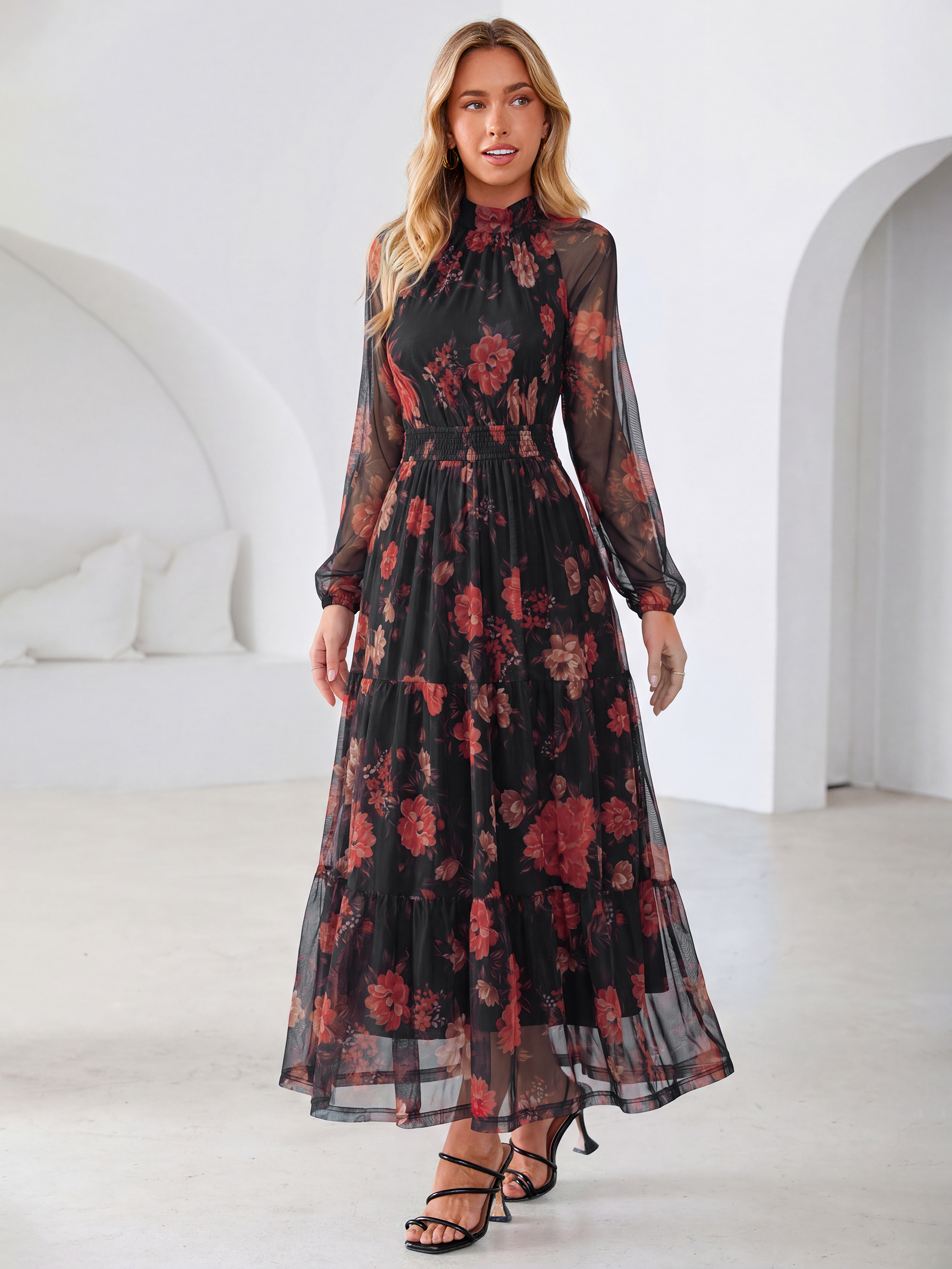 Fall Floral Flowy Tiered Long Sleeve Maxi Dress