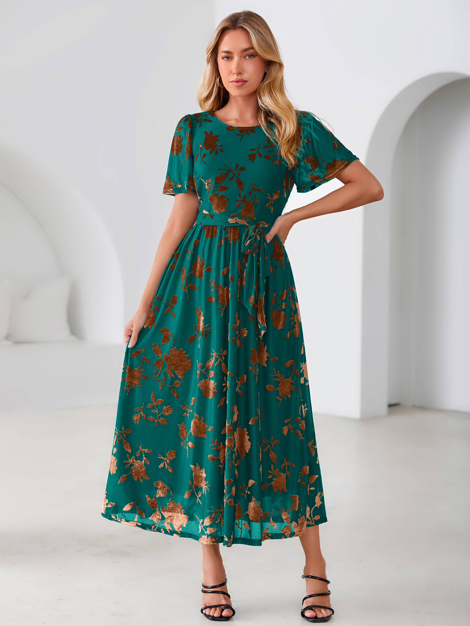 Velvet Floral Tie Waist Flutter Sleeve Maxi Dress