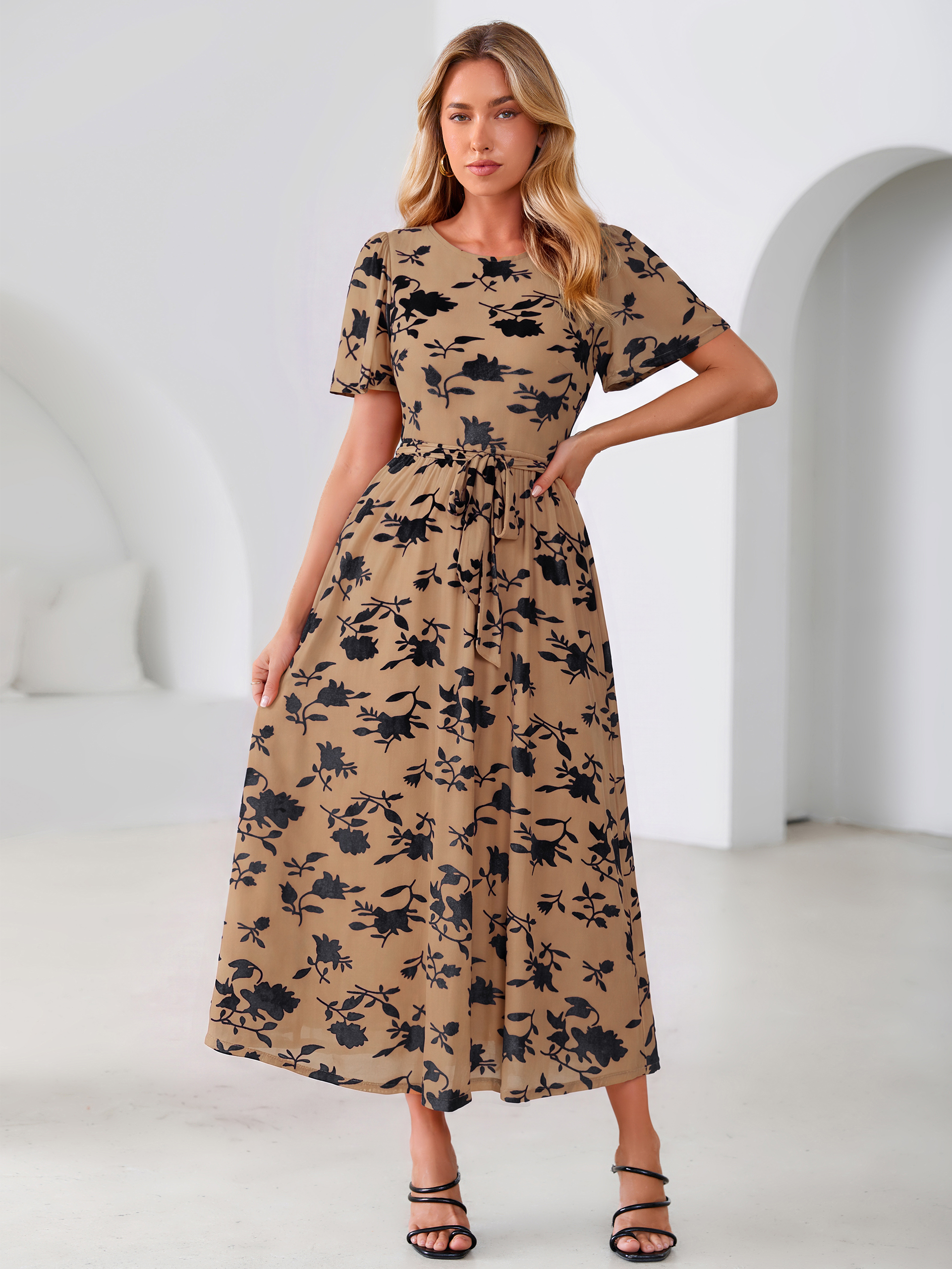 Velvet Floral Tie Waist Flutter Sleeve Maxi Dress