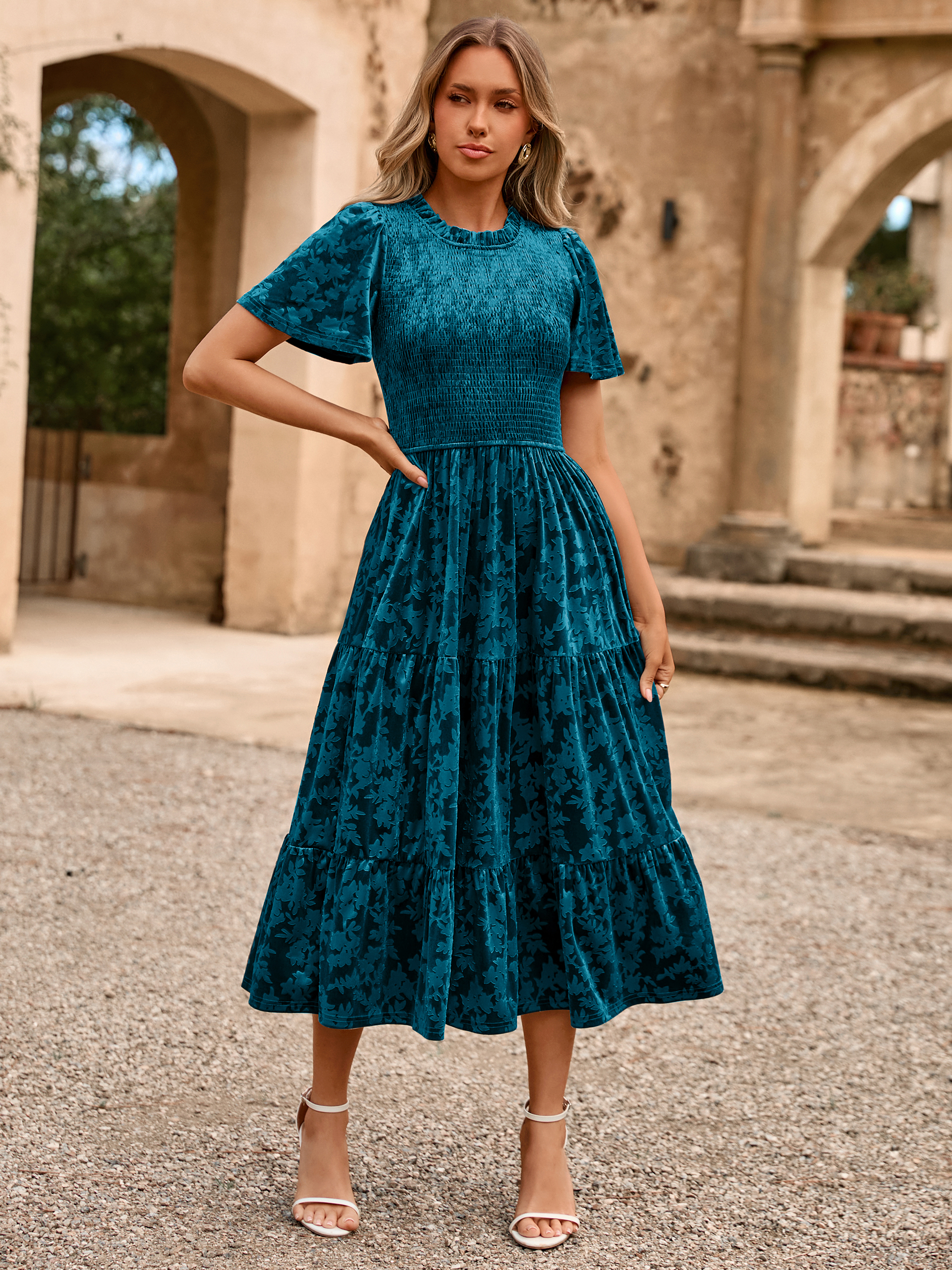 Ruffle Neck Smocked Velvet Floral Maxi Dress - Teal