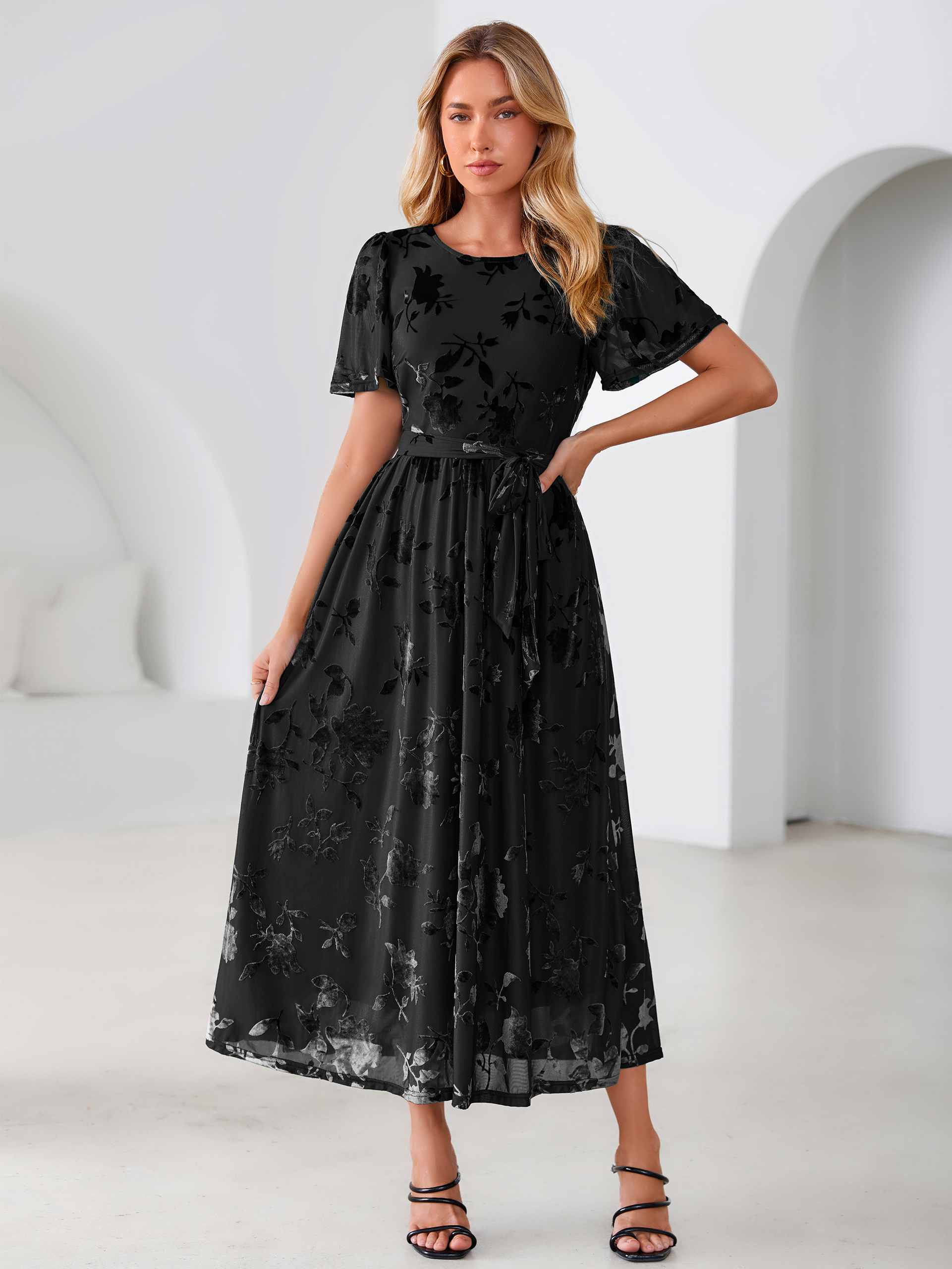 Velvet Floral Tie Waist Flutter Sleeve Maxi Dress
