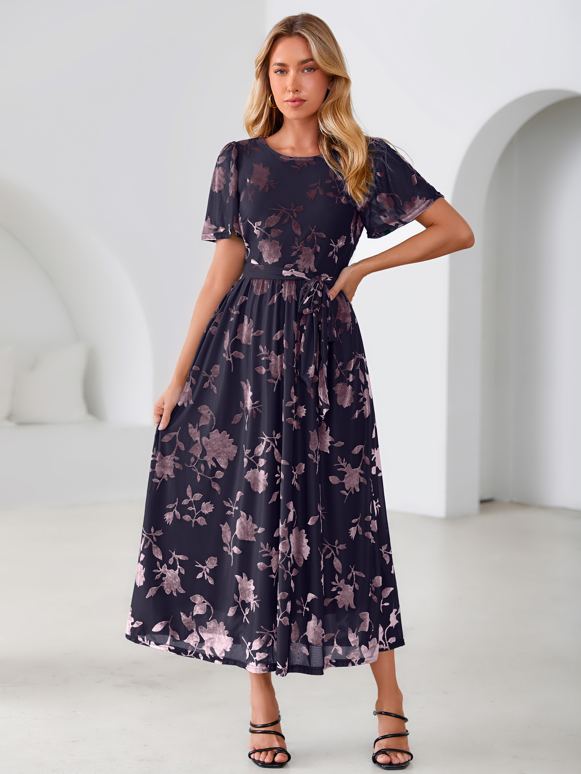 Velvet Floral Tie Waist Flutter Sleeve Maxi Dress