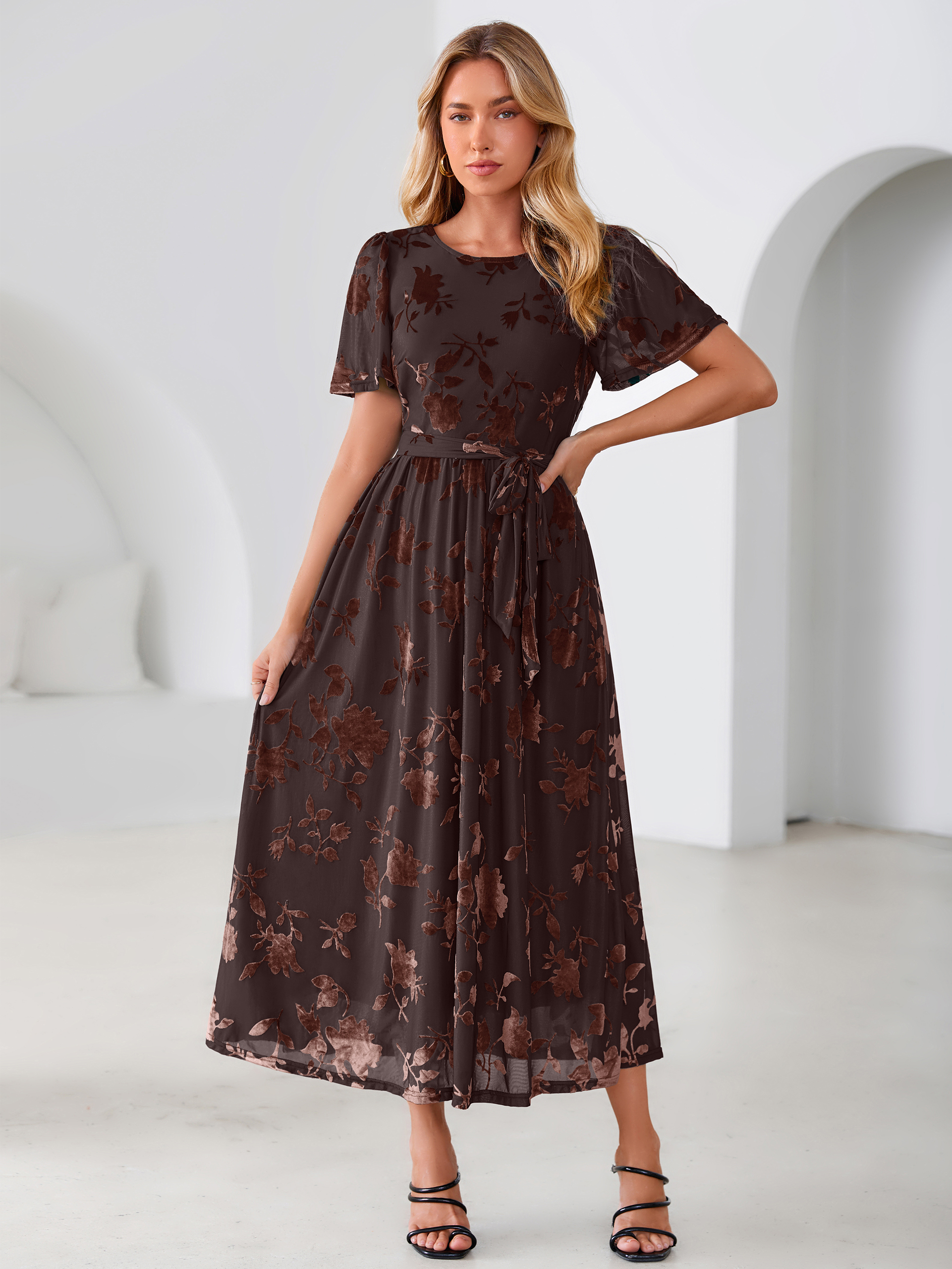 Velvet Floral Tie Waist Flutter Sleeve Maxi Dress