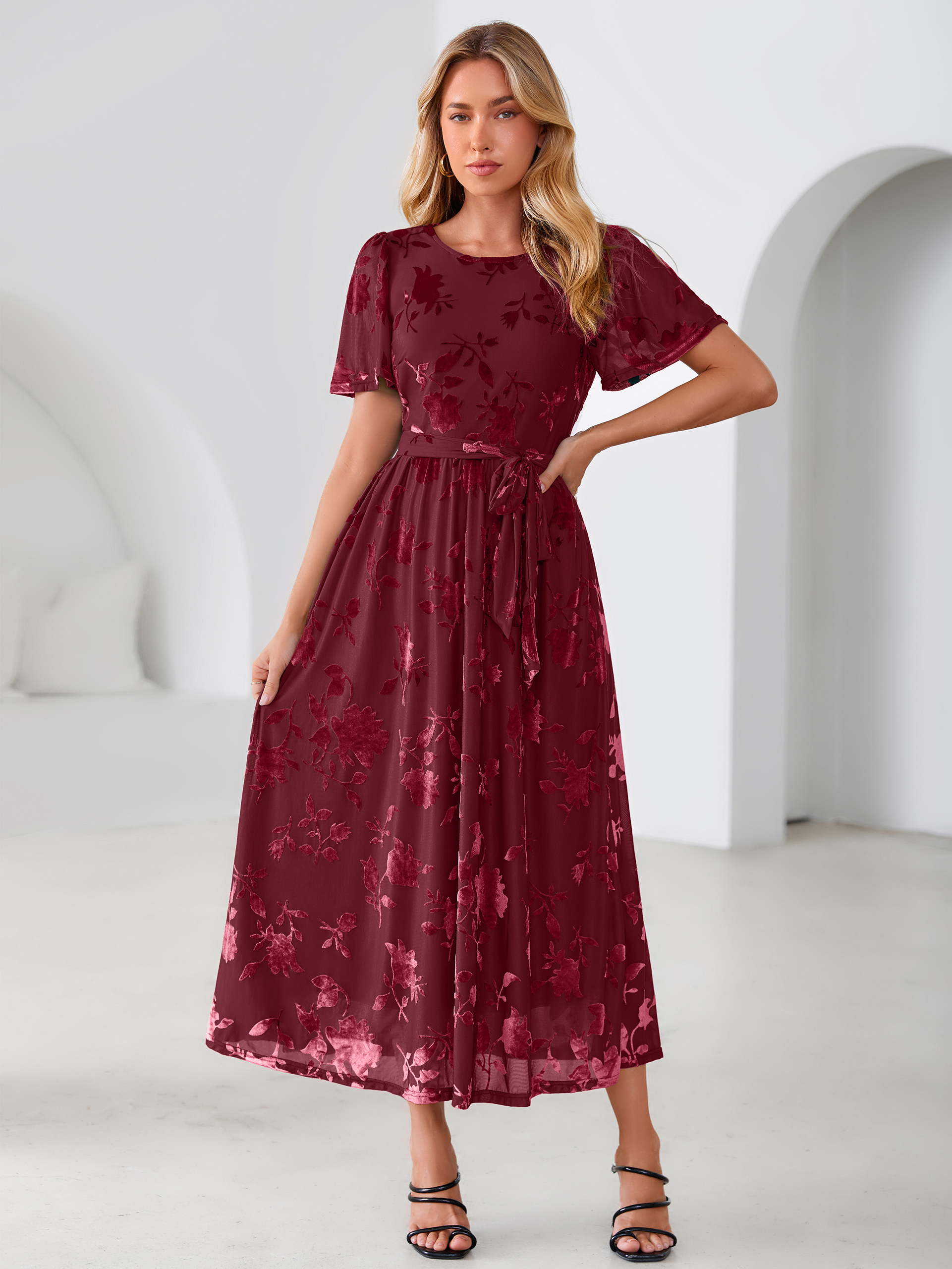 Velvet Floral Tie Waist Flutter Sleeve Maxi Dress