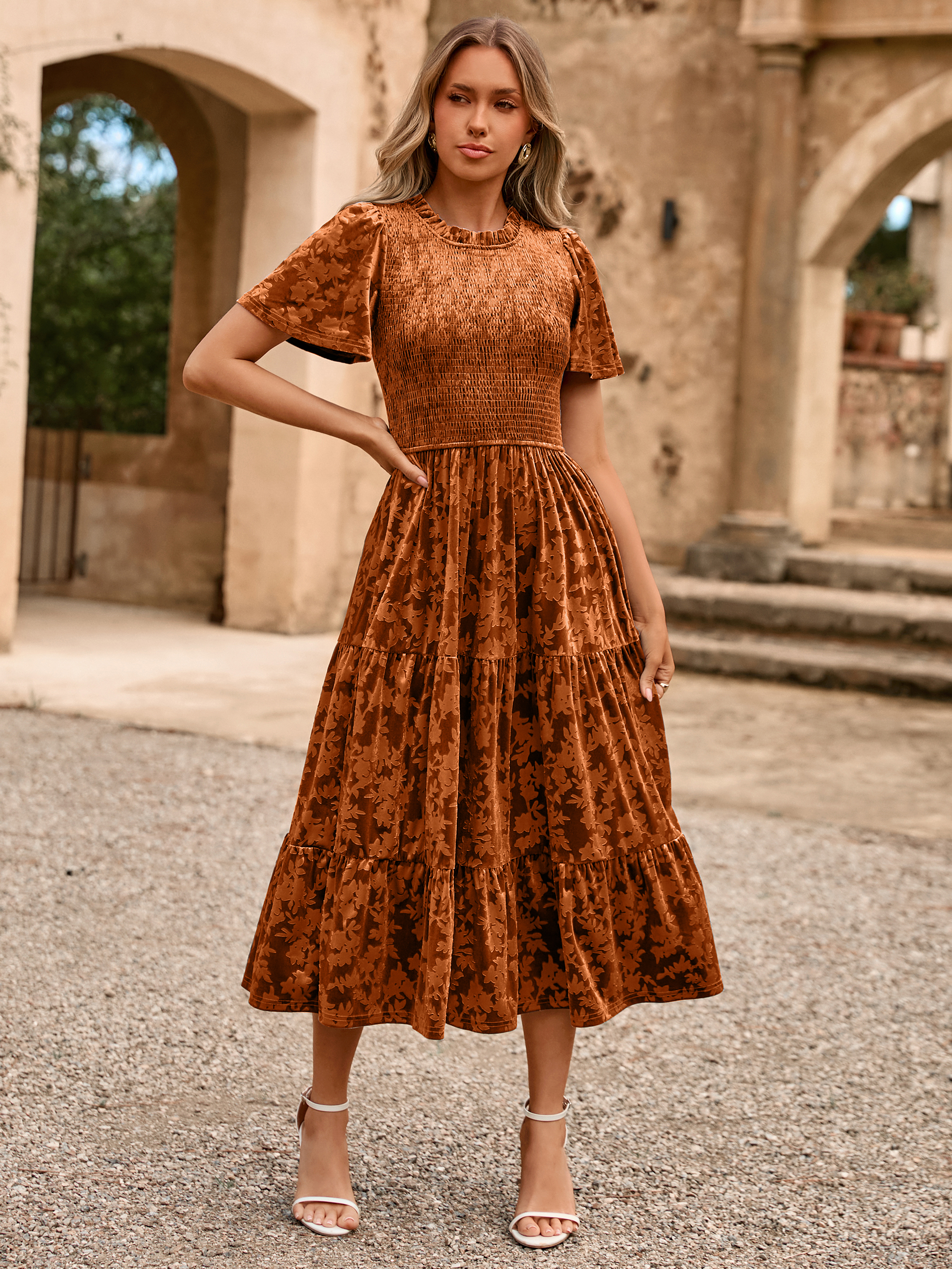 Ruffle Neck Smocked Velvet Floral Maxi Dress - Earth Orange