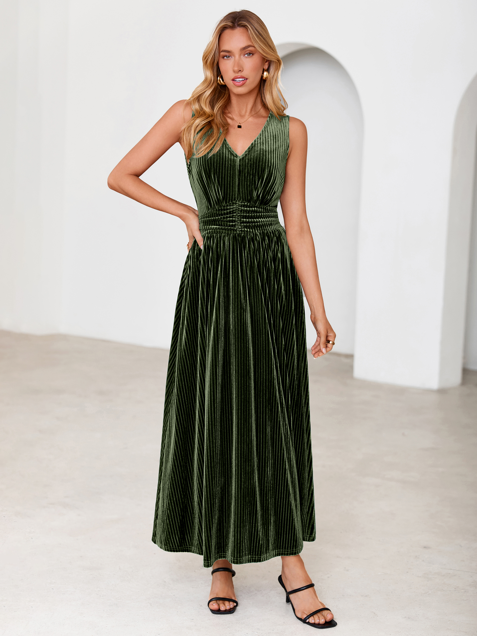 Sleeveless Deep V Neck Ribbed Velvet Maxi Dress