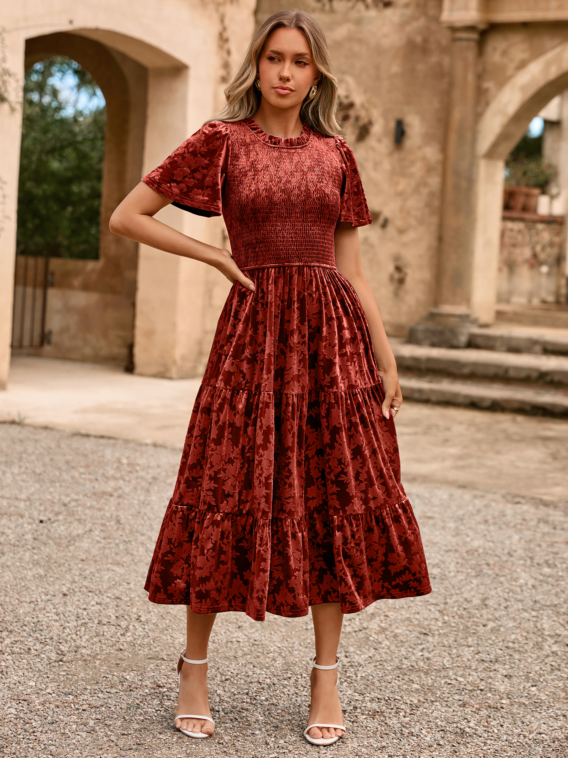 Ruffle Neck Smocked Velvet Floral Maxi Dress - Orange Red
