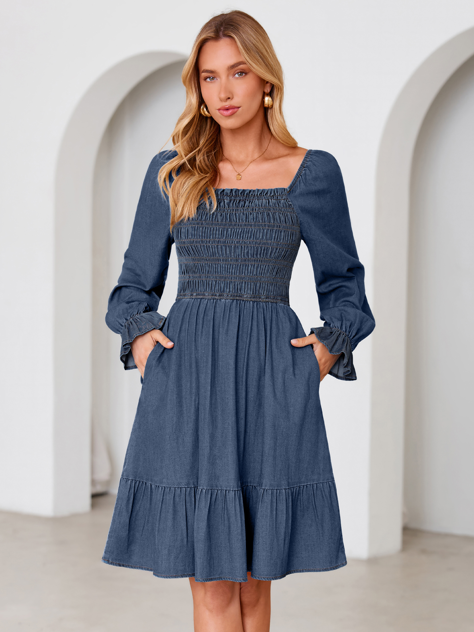 Long Sleeve Smocked Lyocell A-Line Denim Mini Dress
