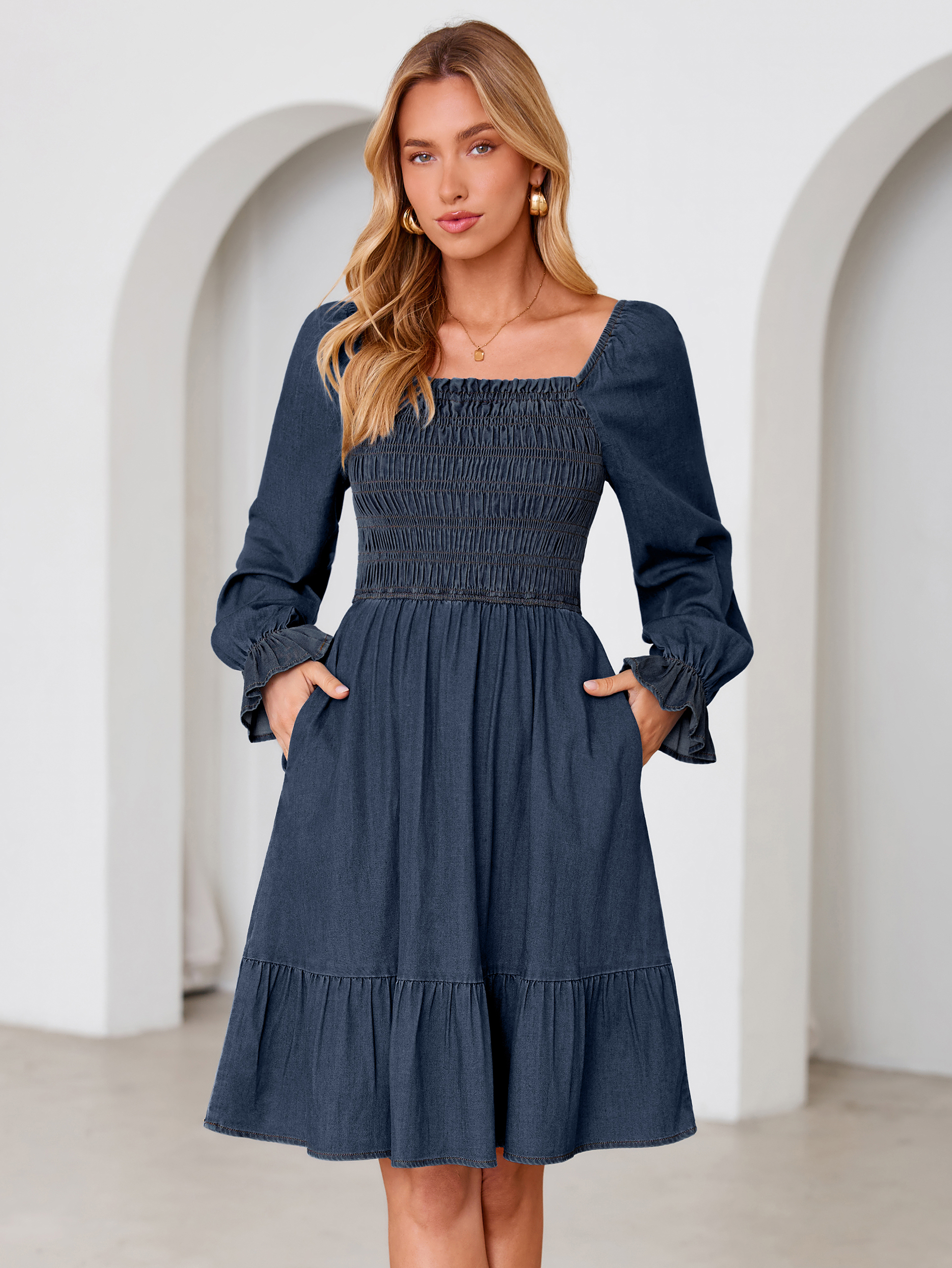 Long Sleeve Smocked Lyocell A-Line Denim Mini Dress