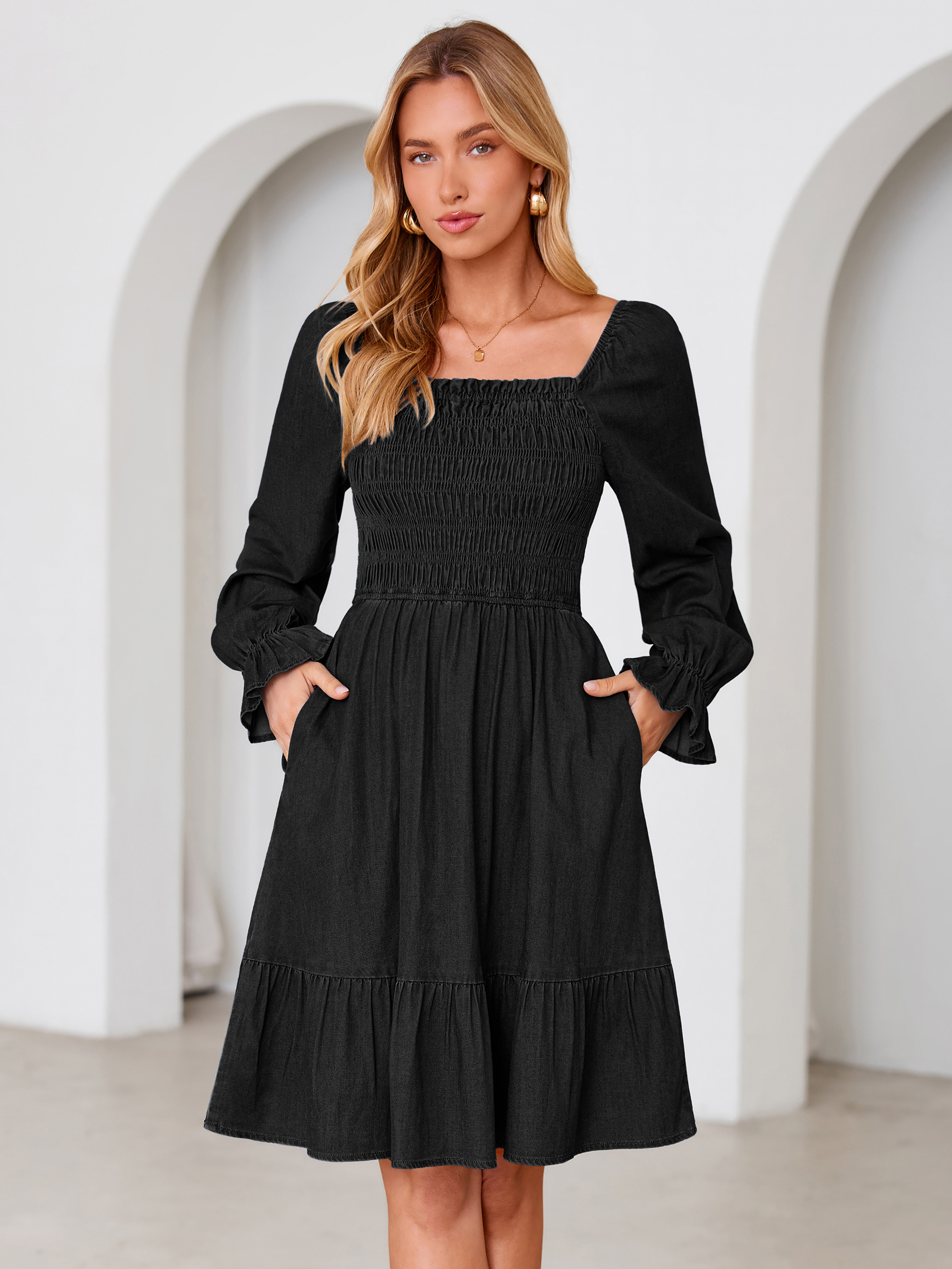 Long Sleeve Smocked Lyocell A-Line Denim Mini Dress