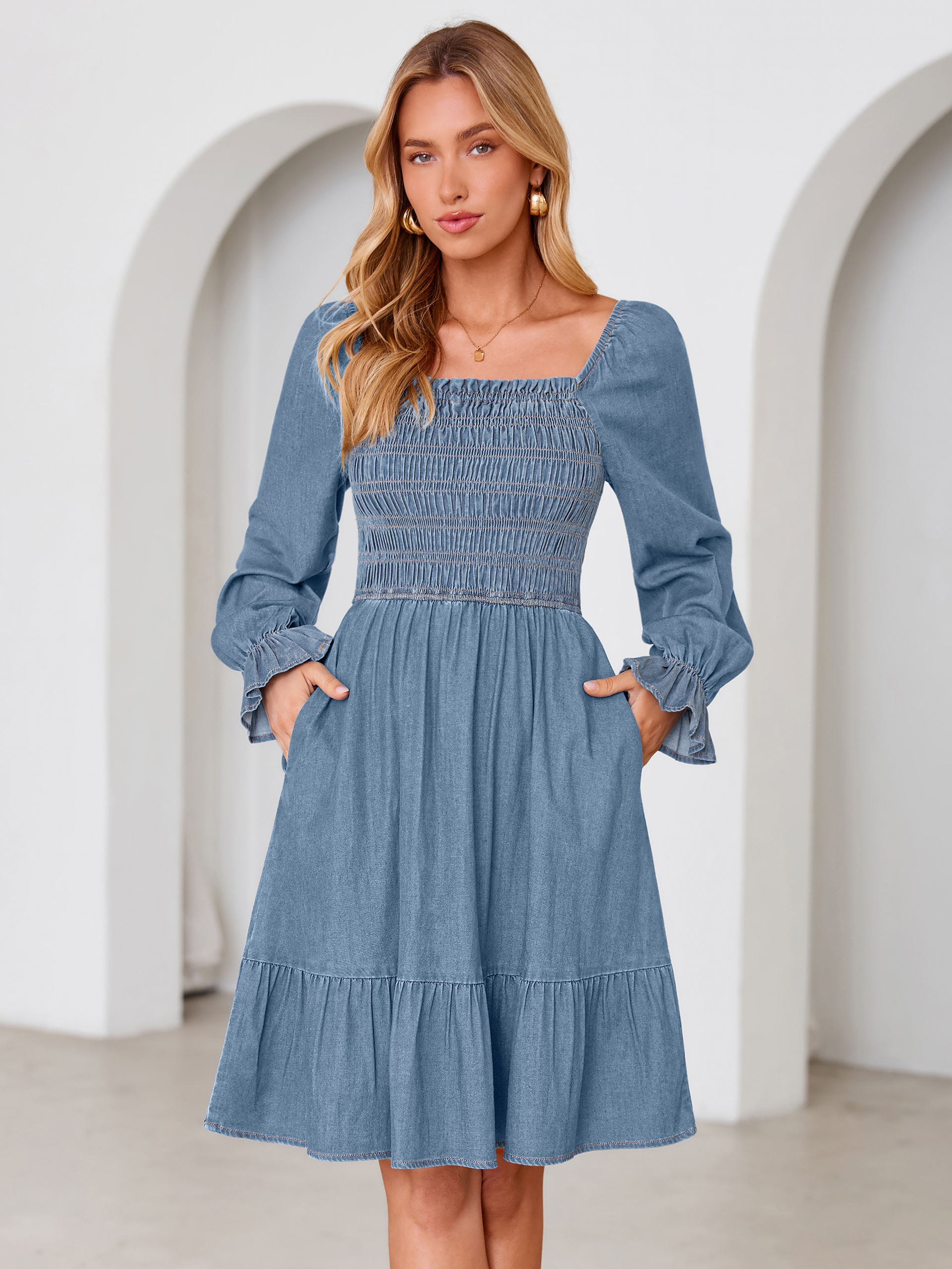 Long Sleeve Smocked Lyocell A-Line Denim Mini Dress