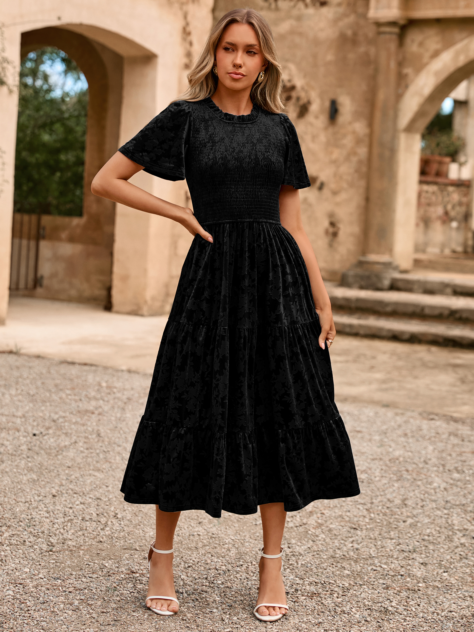 Ruffle Neck Smocked Velvet Floral Maxi Dress - Black