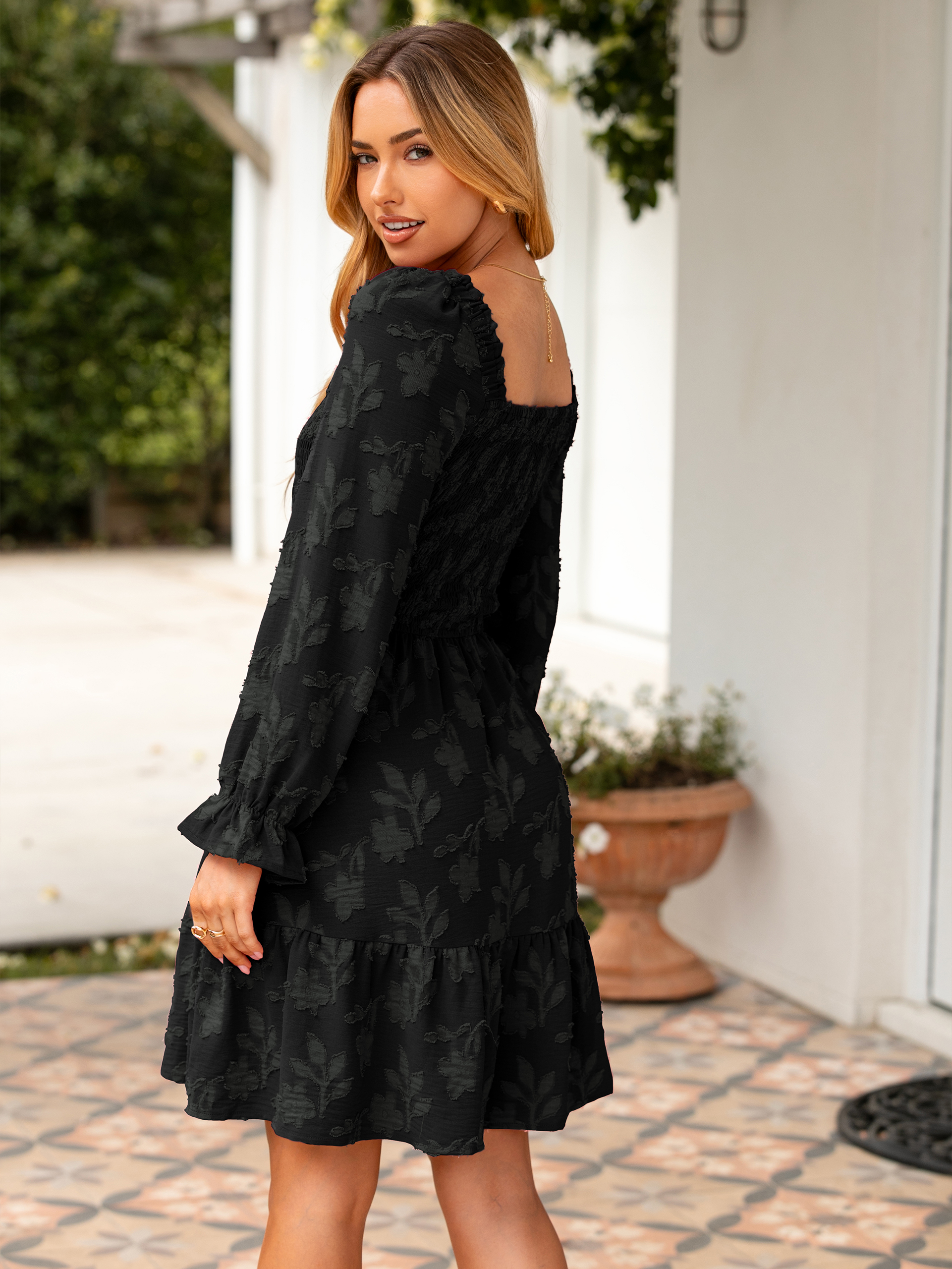 Square Neck Long Sleeve Ruffle Mini Dress