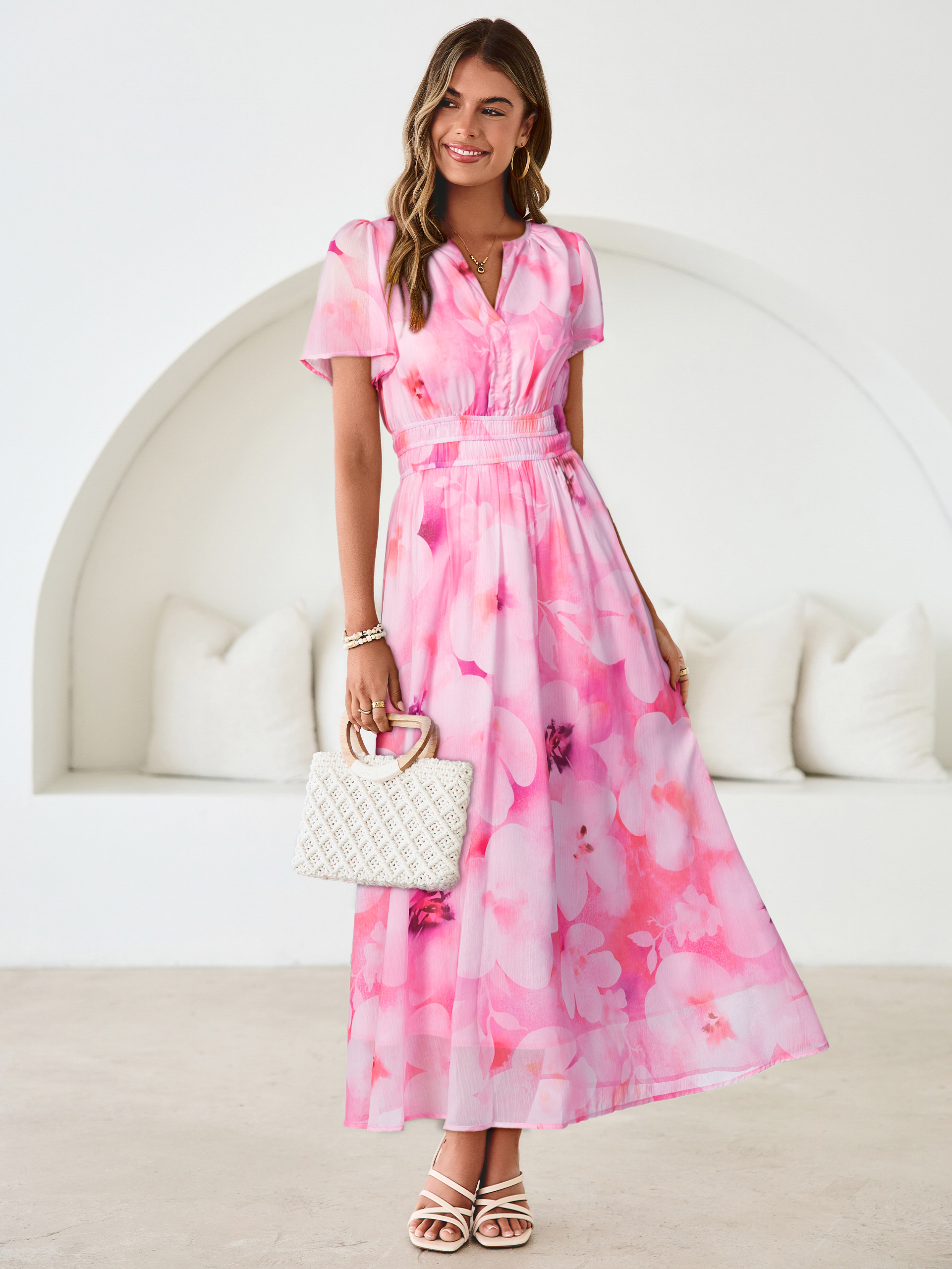 Floral V-Neck Smocked Waist Maxi Dress - Pink White Floral
