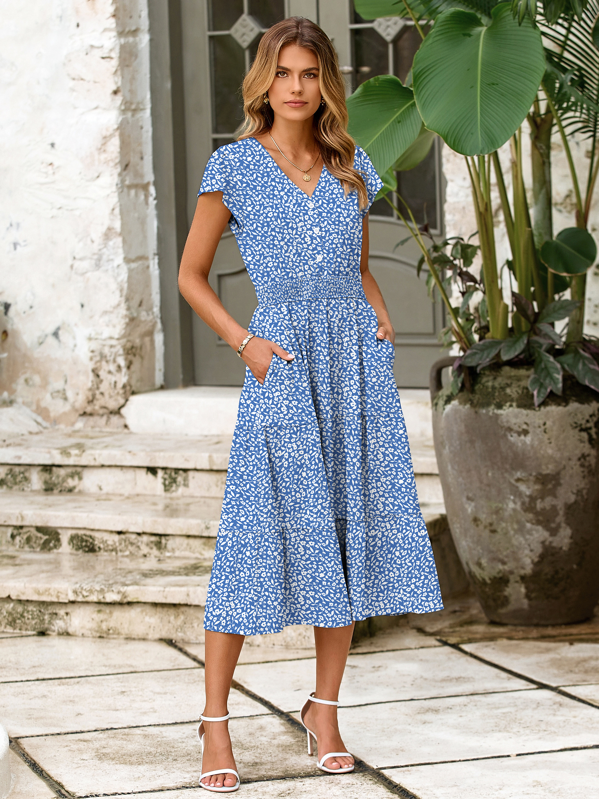 Boho Floral Flutter Sleeve Smocked Midi Dress