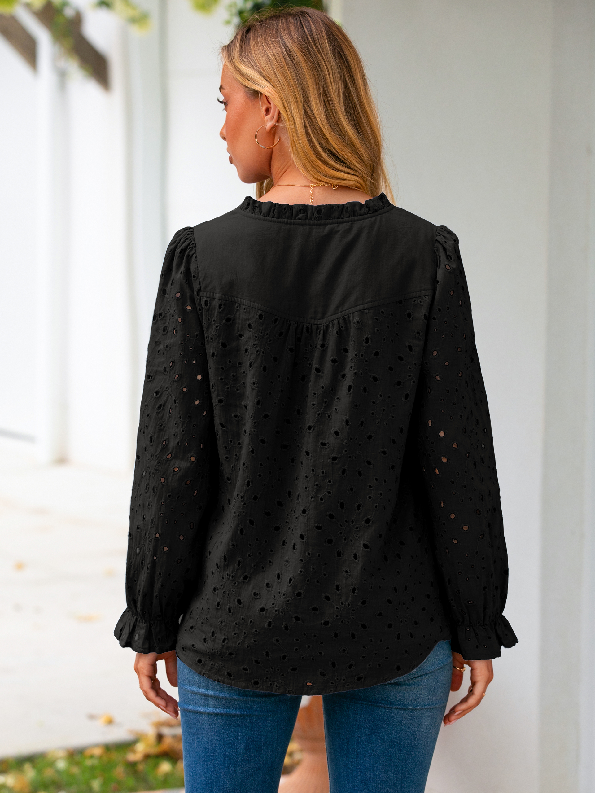 Eyelet Lace Puff Sleeve Button Down Blouse