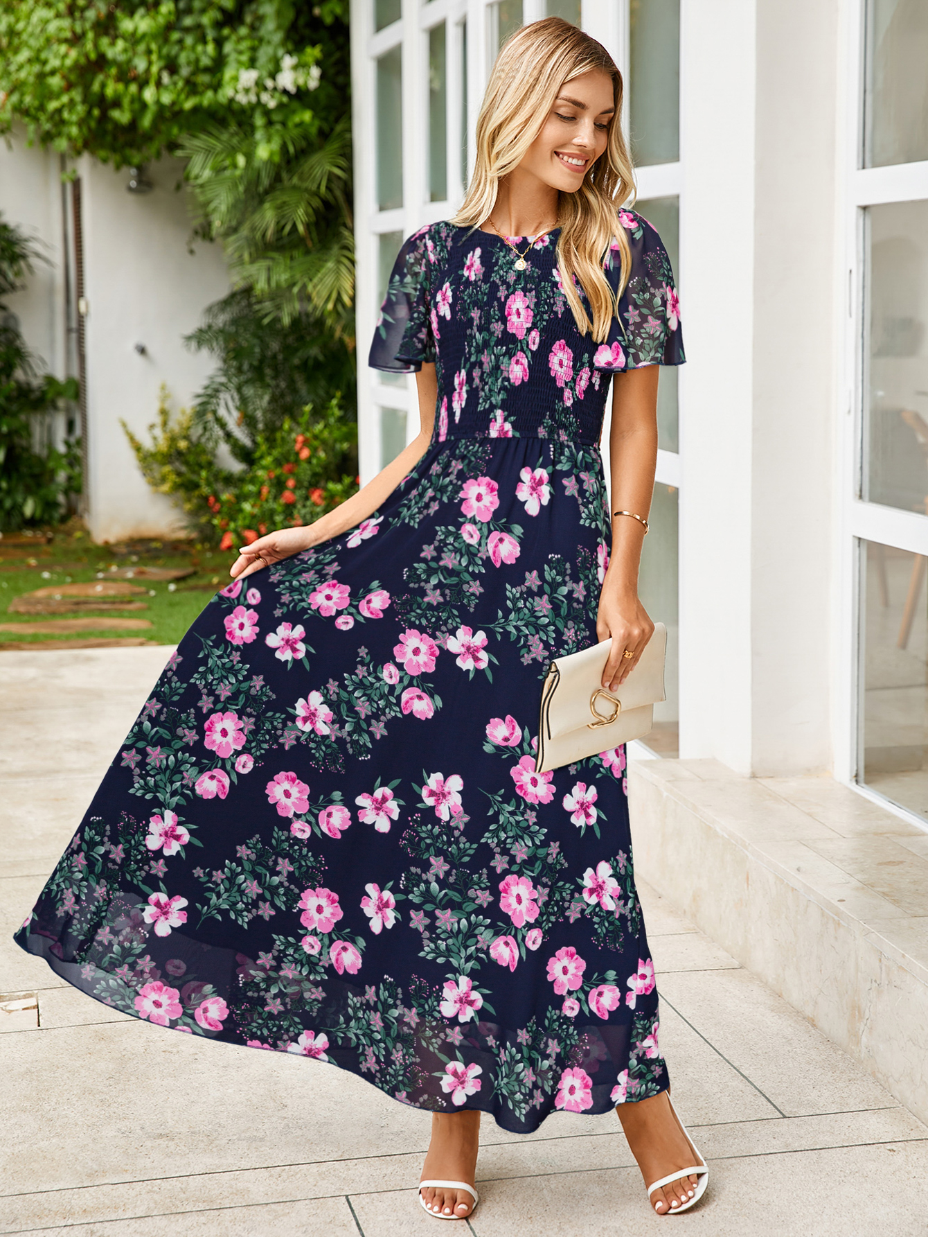 Chiffon Flutter Sleeve Smocked Floral Maxi Dress