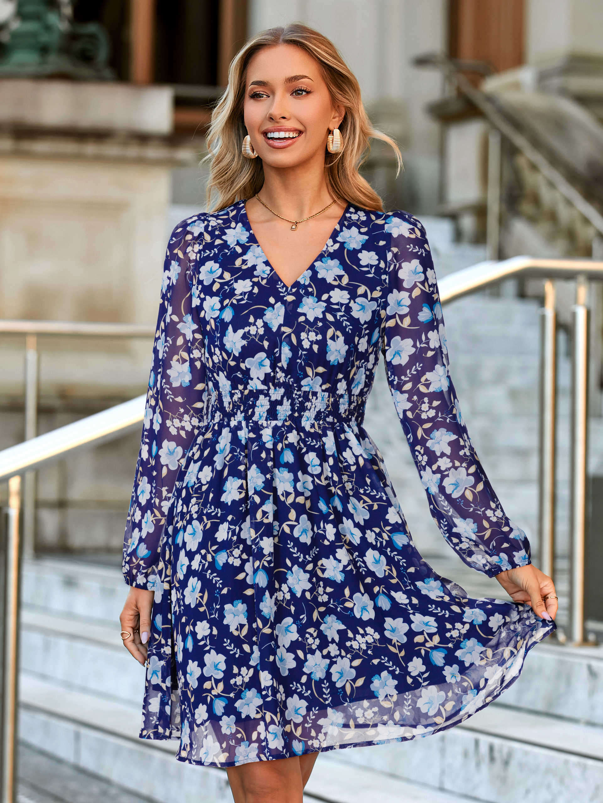 Boho Flowy Floral Chiffon Wedding Guest Mini Dress