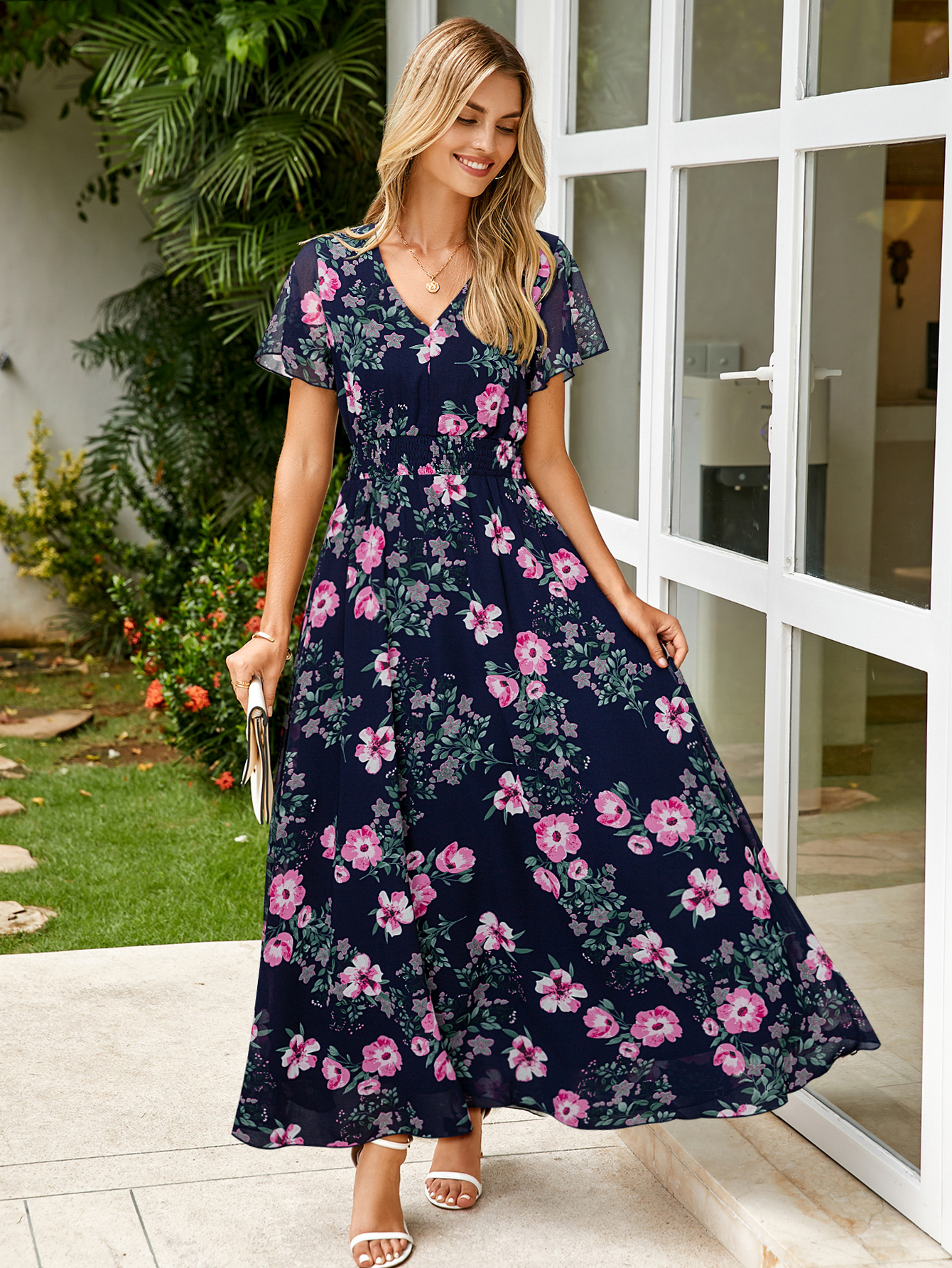 Boho Chiffon Floral Wedding Guest Maxi Dress