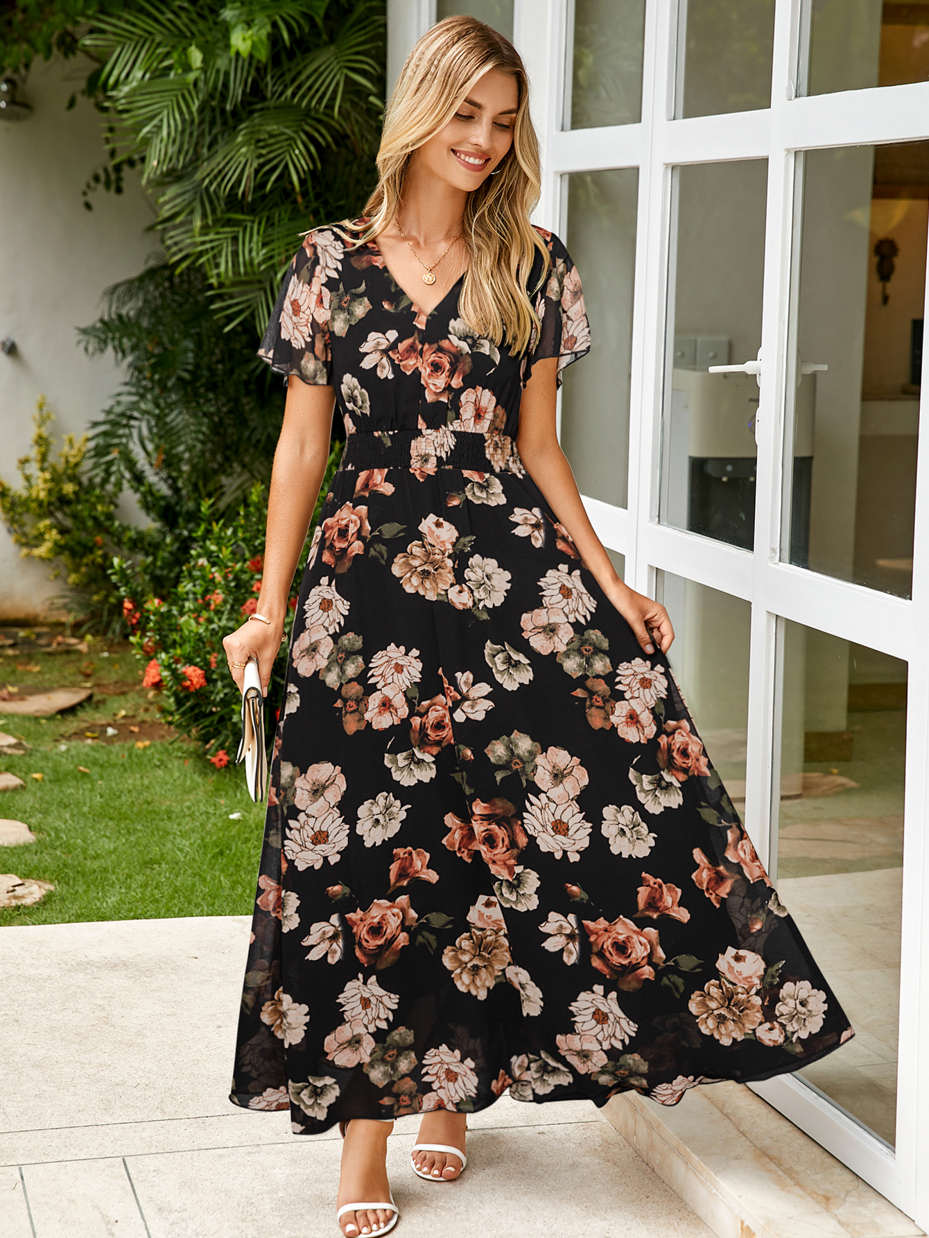 Boho Chiffon Floral Wedding Guest Maxi Dress