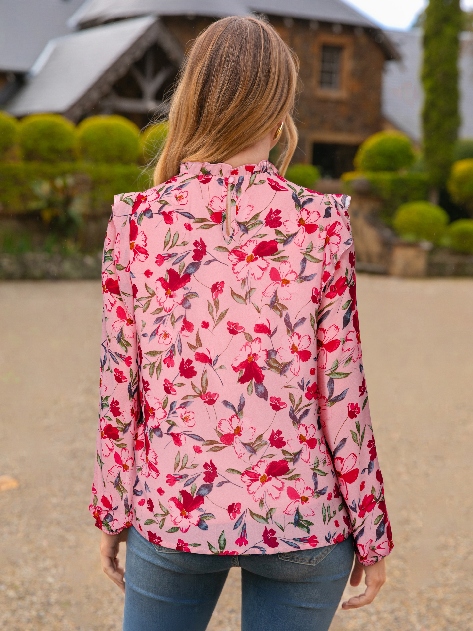 Boho Floral Ruffle Long Sleeve Blouse