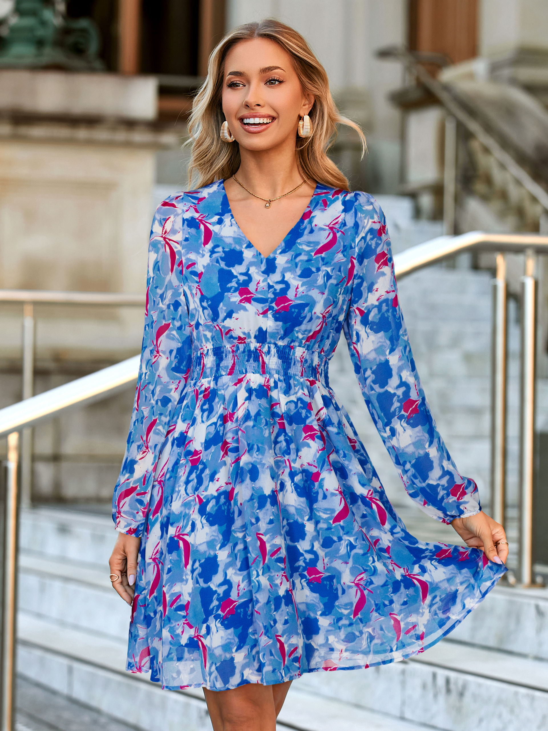 Boho Flowy Floral Chiffon Wedding Guest Mini Dress