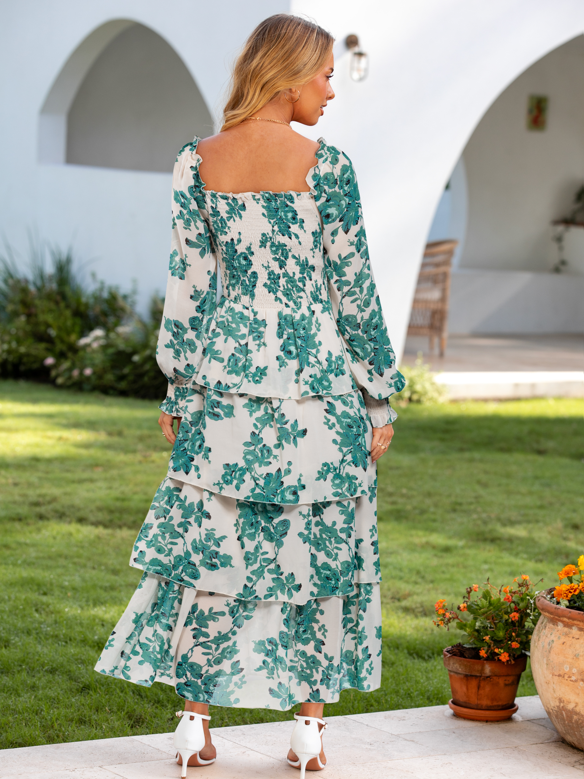 Floral Chiffon Tiered Smocked Wedding Guest Dress