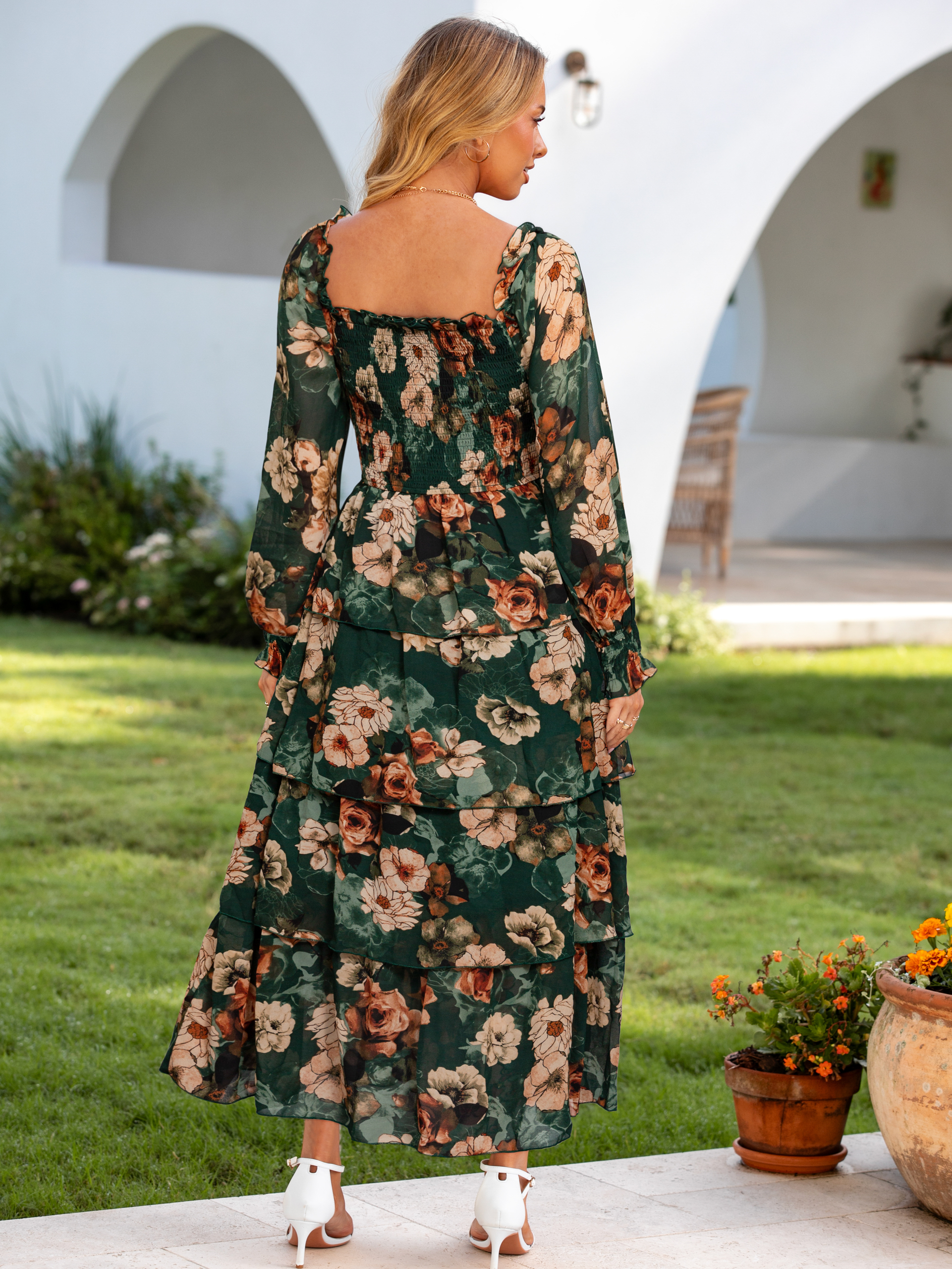 Floral Chiffon Tiered Smocked Wedding Guest Dress