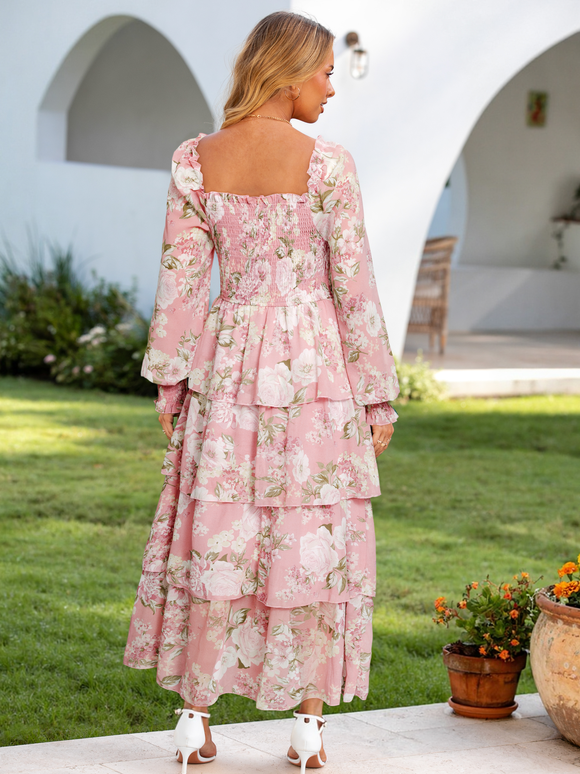 Floral Chiffon Tiered Smocked Wedding Guest Dress