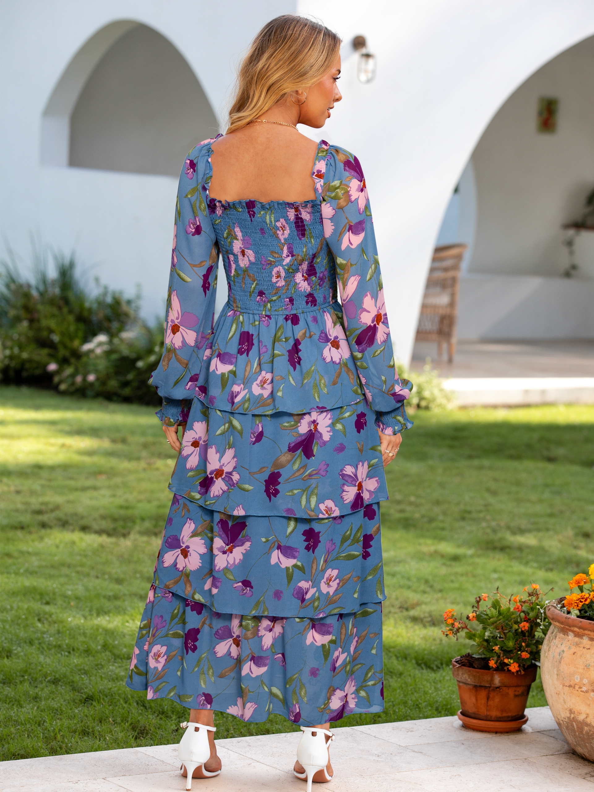 Floral Chiffon Tiered Smocked Wedding Guest Dress