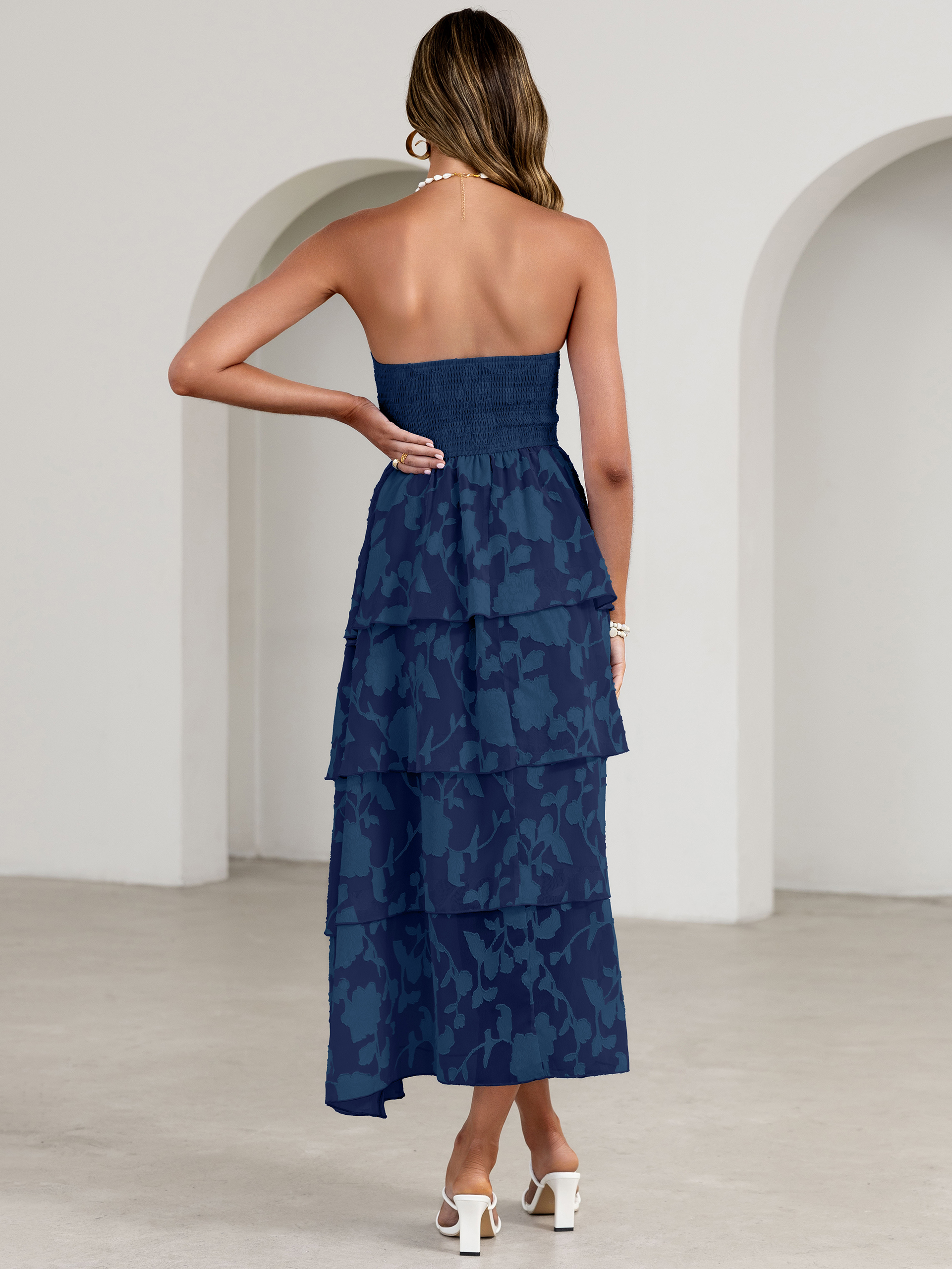 Floral Strapless Smocked Tiered Maxi Dress - Navy Blue