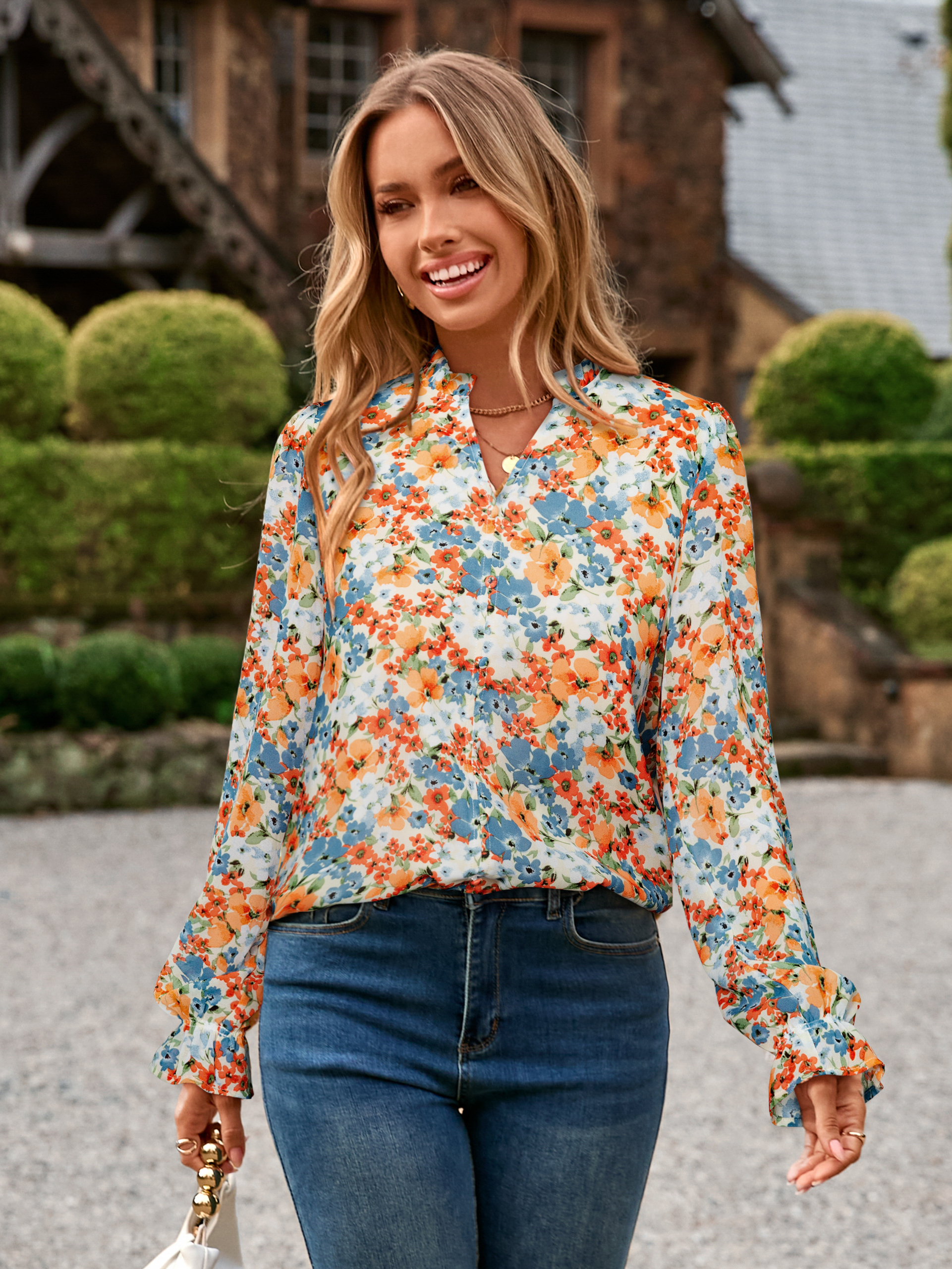 Floral V Neck Puff Sleeve Chiffon Blouse - Multicolor